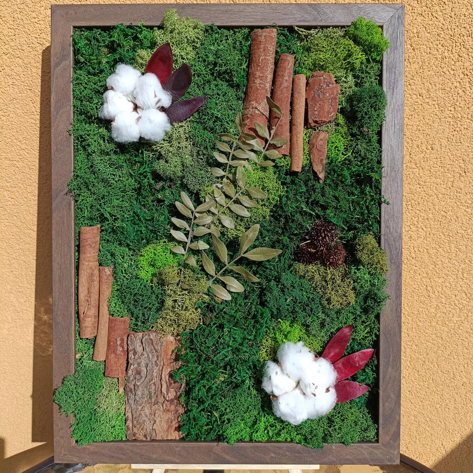 Preserved Moss Wall Art – Cotton Flowers, Cinnamon & Bark Natural Decor