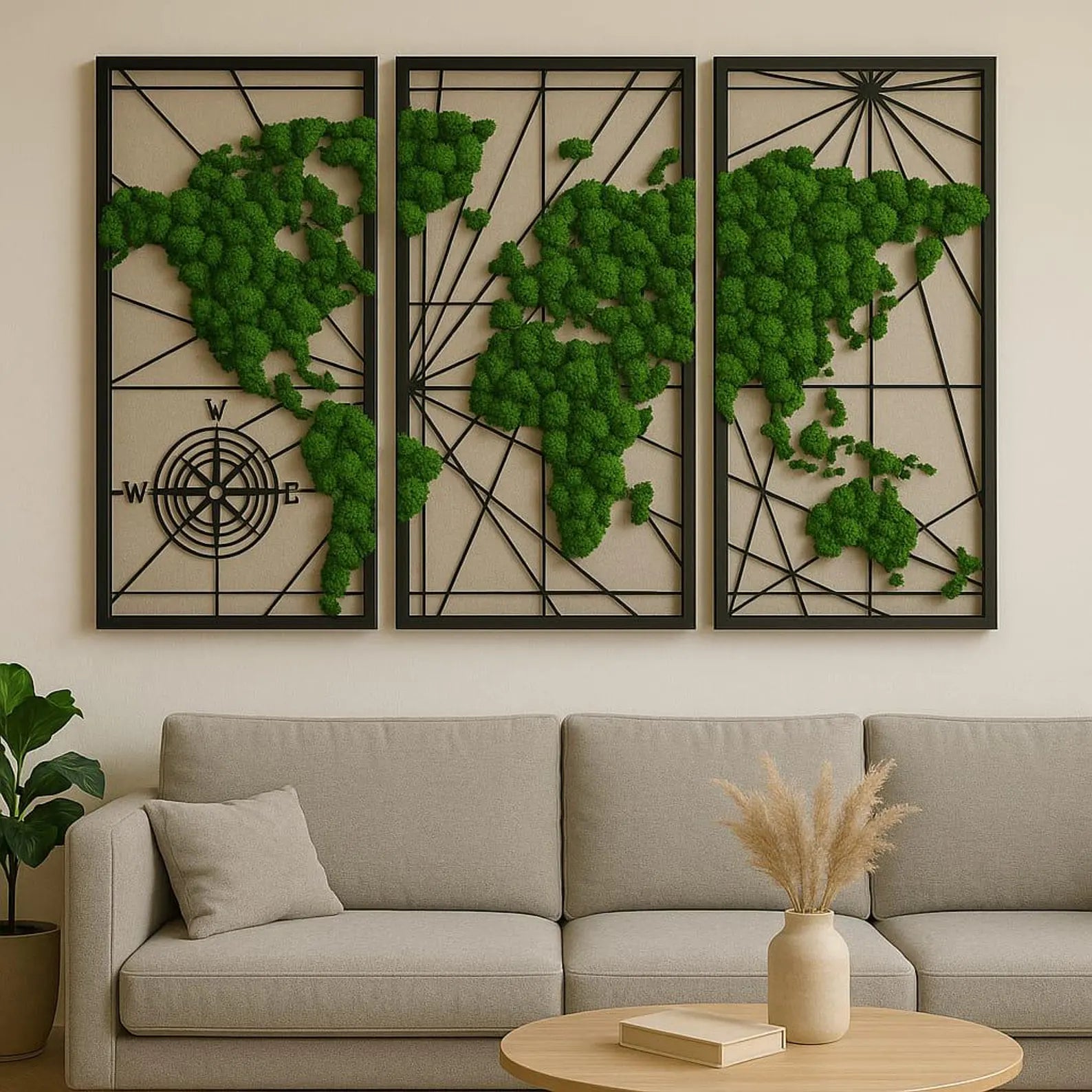 Triptych Moss World Map – 3 Panel Preserved Reindeer Moss Wall Art