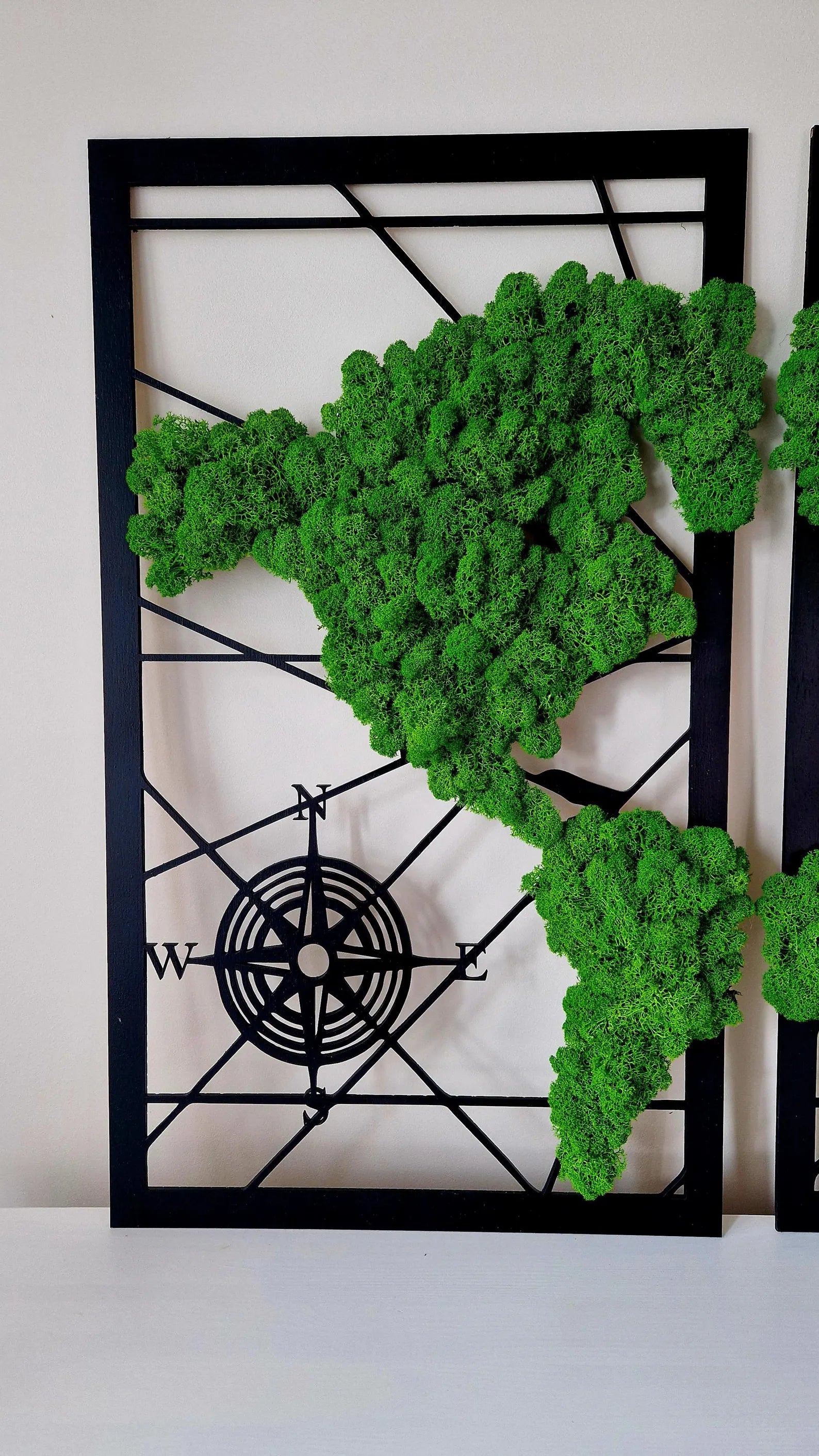 Triptych Moss World Map – 3 Panel Preserved Reindeer Moss Wall Art