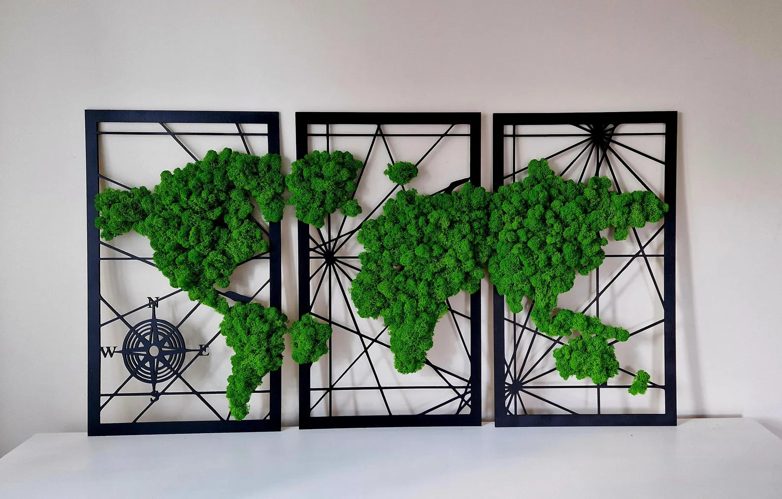 Triptych Moss World Map – 3 Panel Preserved Reindeer Moss Wall Art