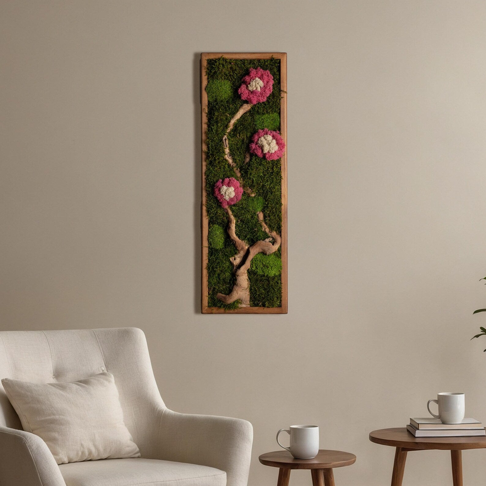 Colorful Moss & Bonsai Wood Wall Art – Preserved Moss Home Decor Gift