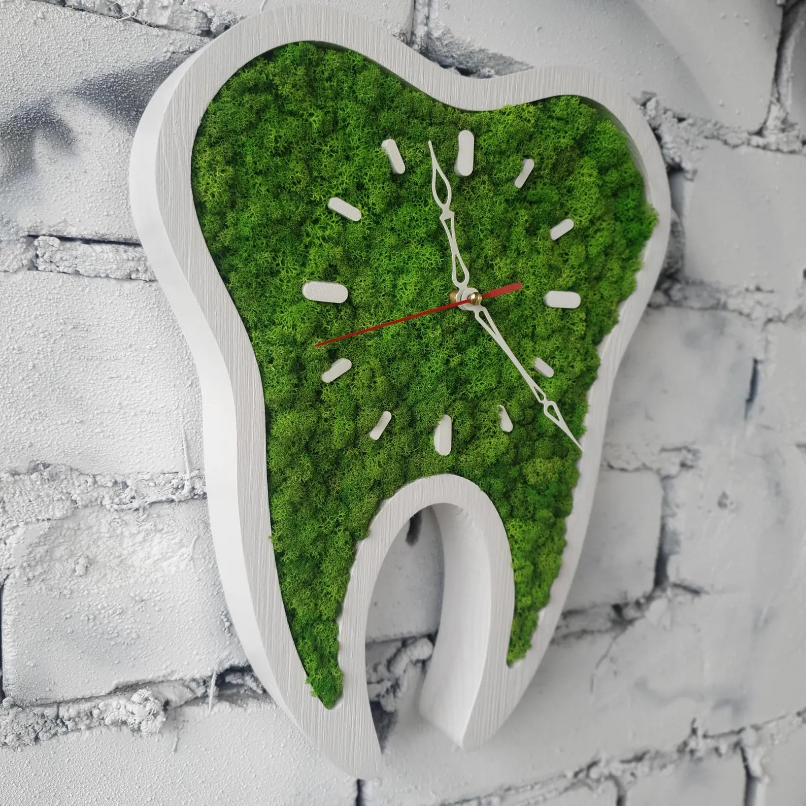 Tooth Shaped Moss Clock – Eco Friendly Wall Art for Dental Office Decor
