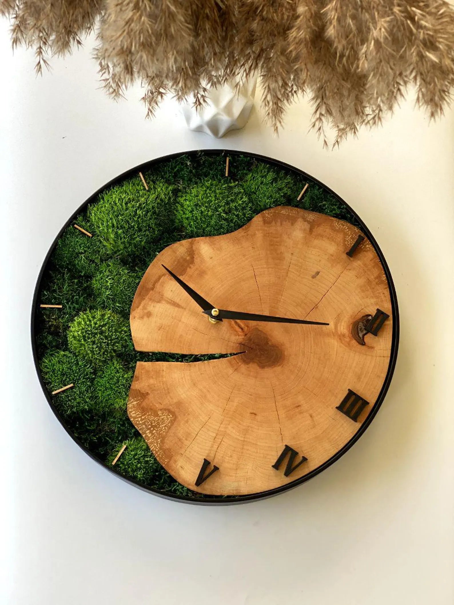 Handcrafted Wood and Moss Wall Clock – Silent Rustic Wall Decor for Home
