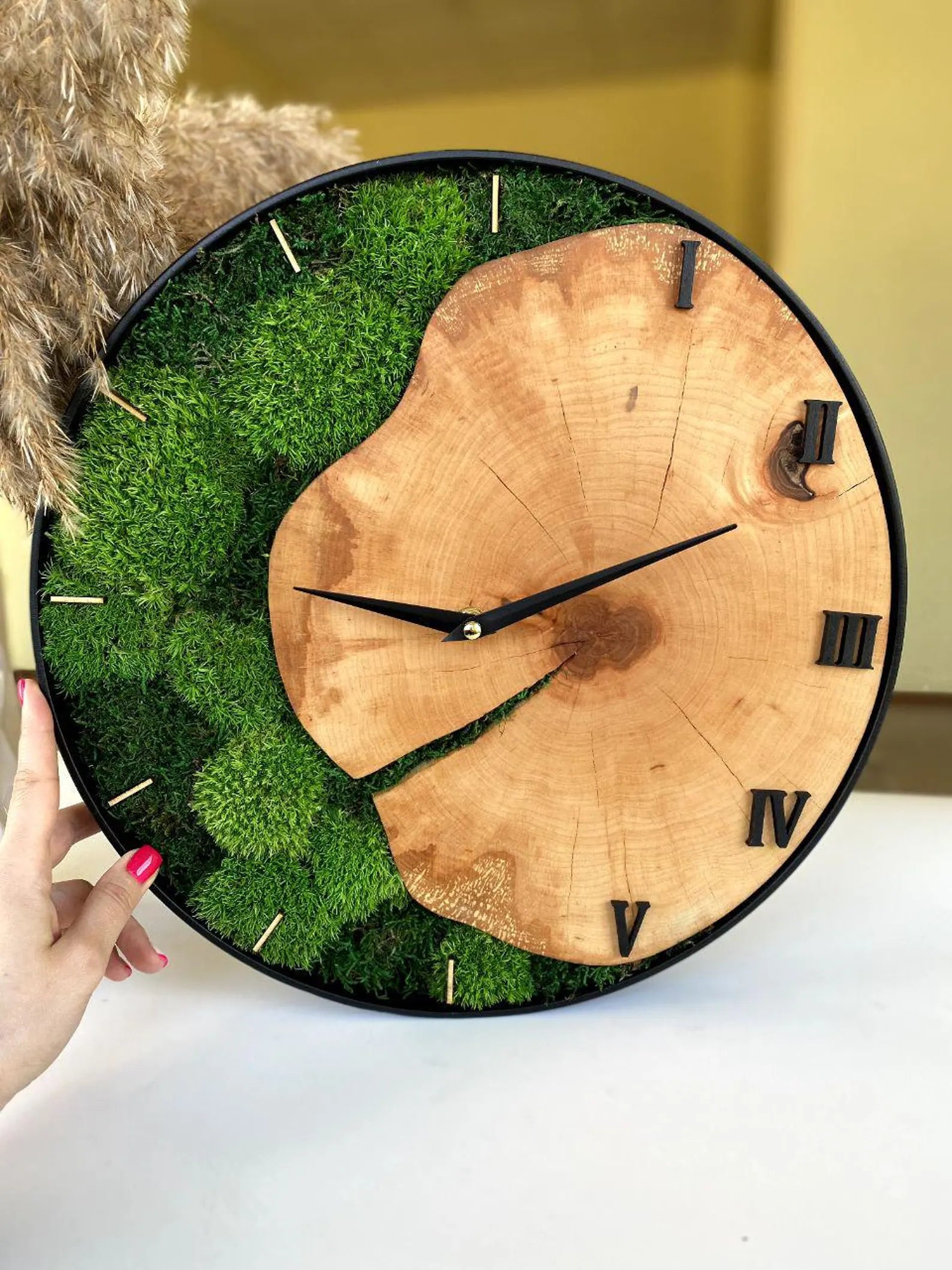 Handcrafted Wood and Moss Wall Clock – Silent Rustic Wall Decor for Home