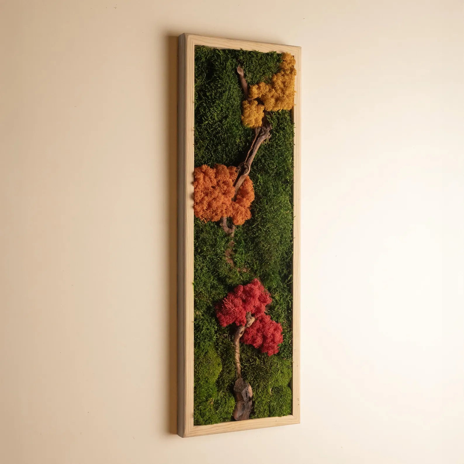 Colorful Moss and Bonsai Wood Wall Art – Vertical Wooden Frame Nature-Inspired Living Room Decor