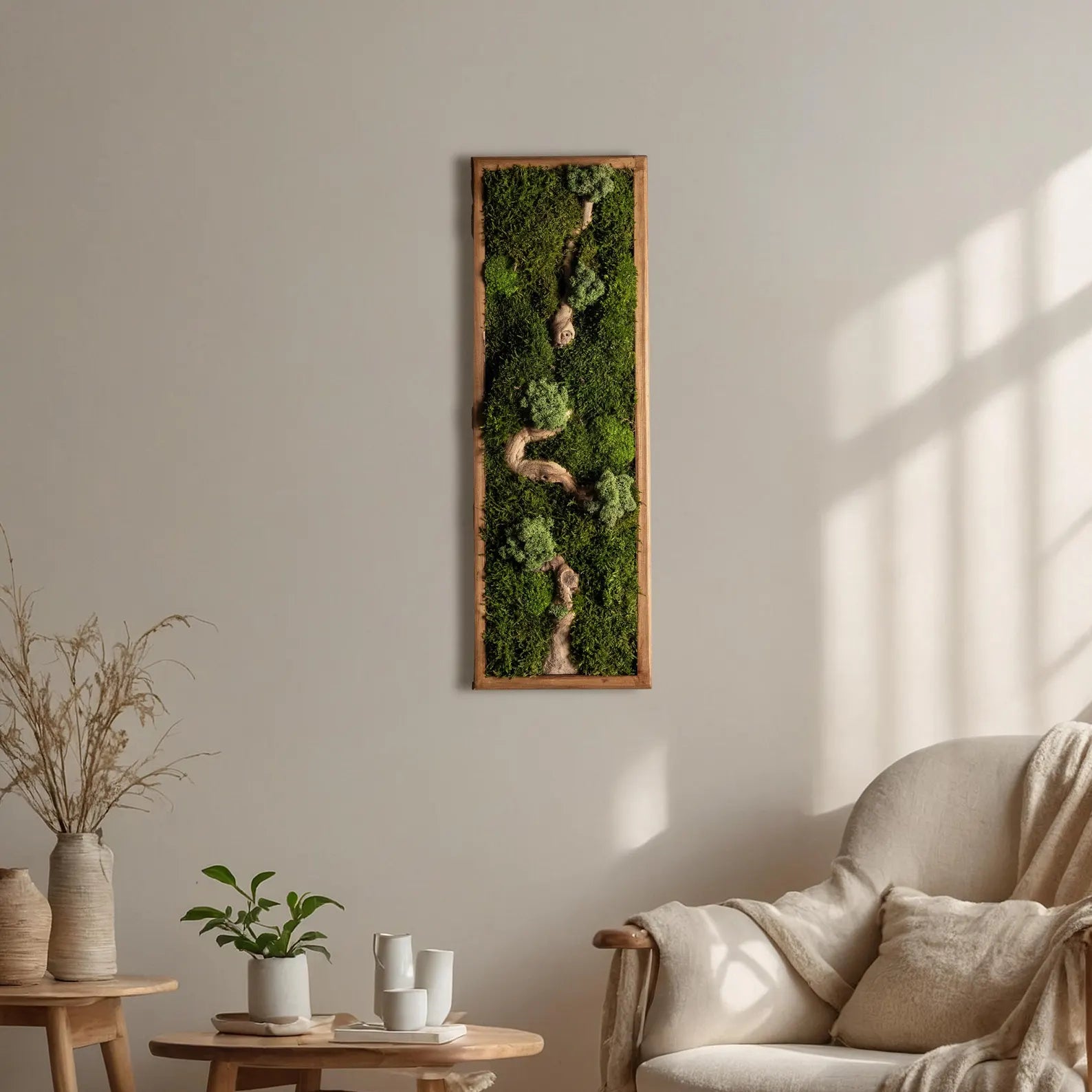 Bonsai Wood and Moss Wall Décor – Preserved Moss Botanical Art, Unique Wall Hanging & Home Gift