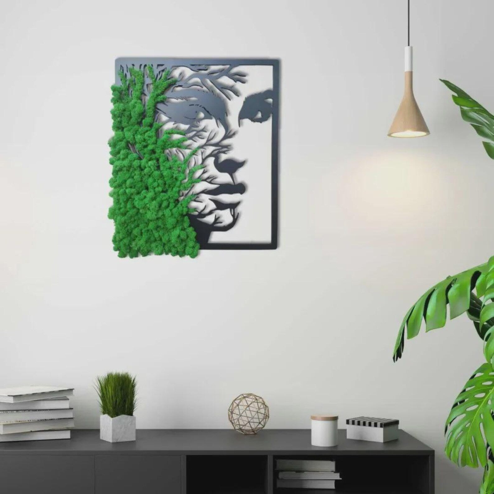 Unique Moss Wall Art with Light – Nature Decor for Living Room or Bedroom – Wooden Panel Modern Design