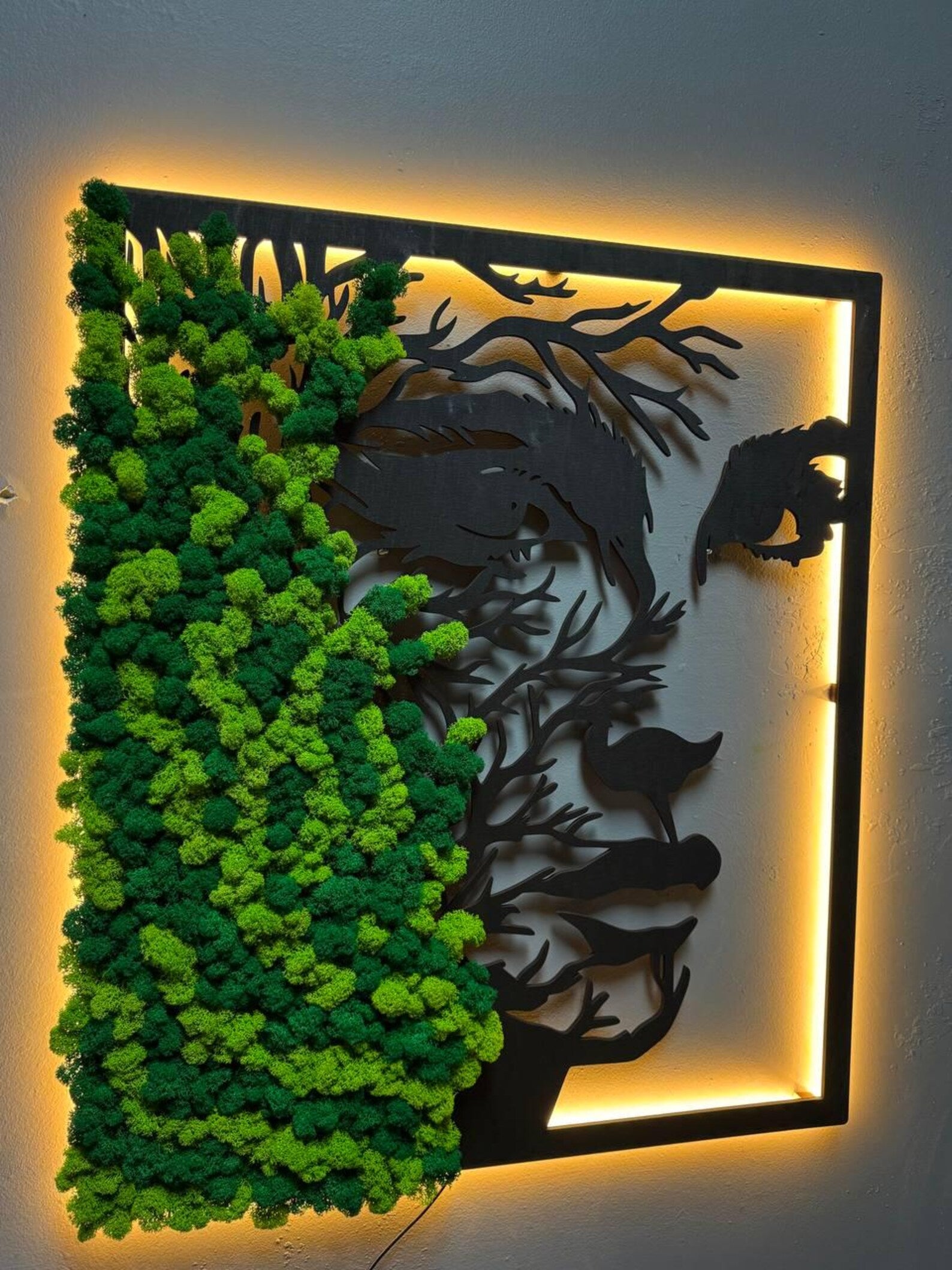Unique Moss Wall Art with Light – Nature Decor for Living Room or Bedroom – Wooden Panel Modern Design