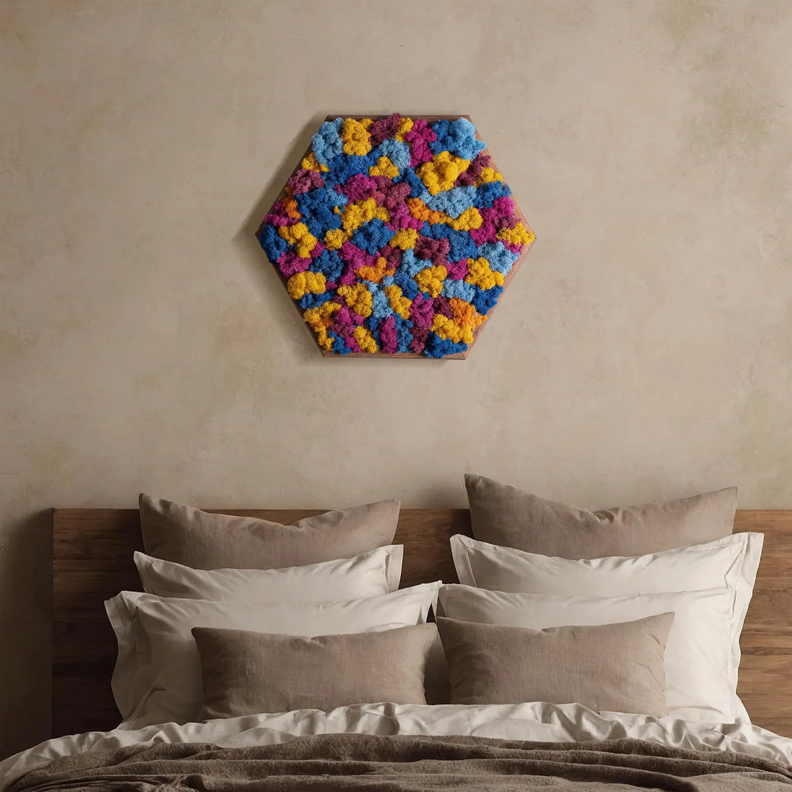 Honeycomb Moss Wall Art – Preserved Colorful Moss in Wooden Hexagon Frame