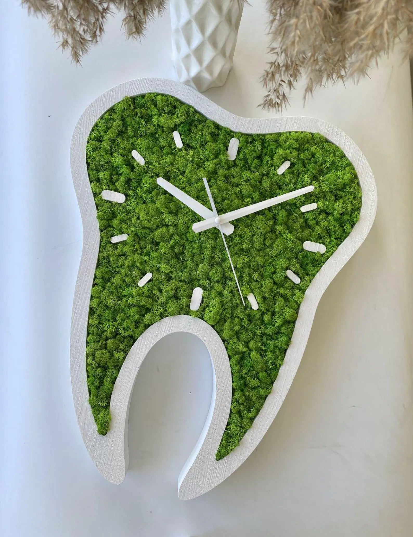 Tooth Shaped Moss Clock – Eco Friendly Wall Art for Dental Office Decor