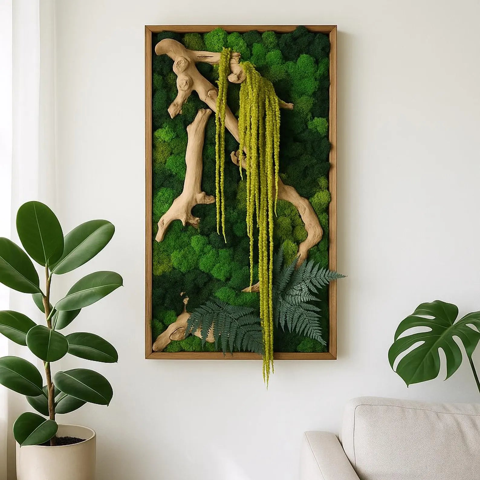 Moss Wall Decor – Driftwood Botanical Frame, Jungle & Cottagecore Art
