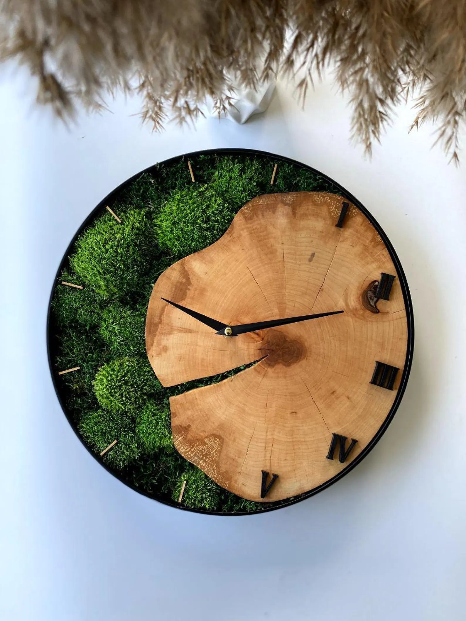 Handcrafted Wood and Moss Wall Clock – Silent Rustic Wall Decor for Home