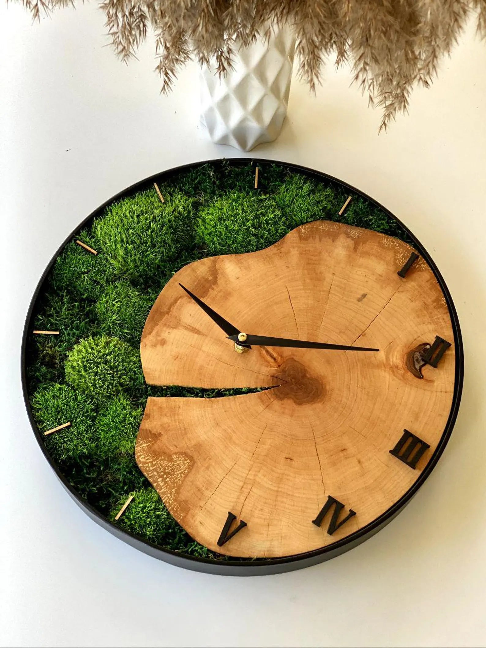 Handcrafted Wood and Moss Wall Clock – Silent Rustic Wall Decor for Home