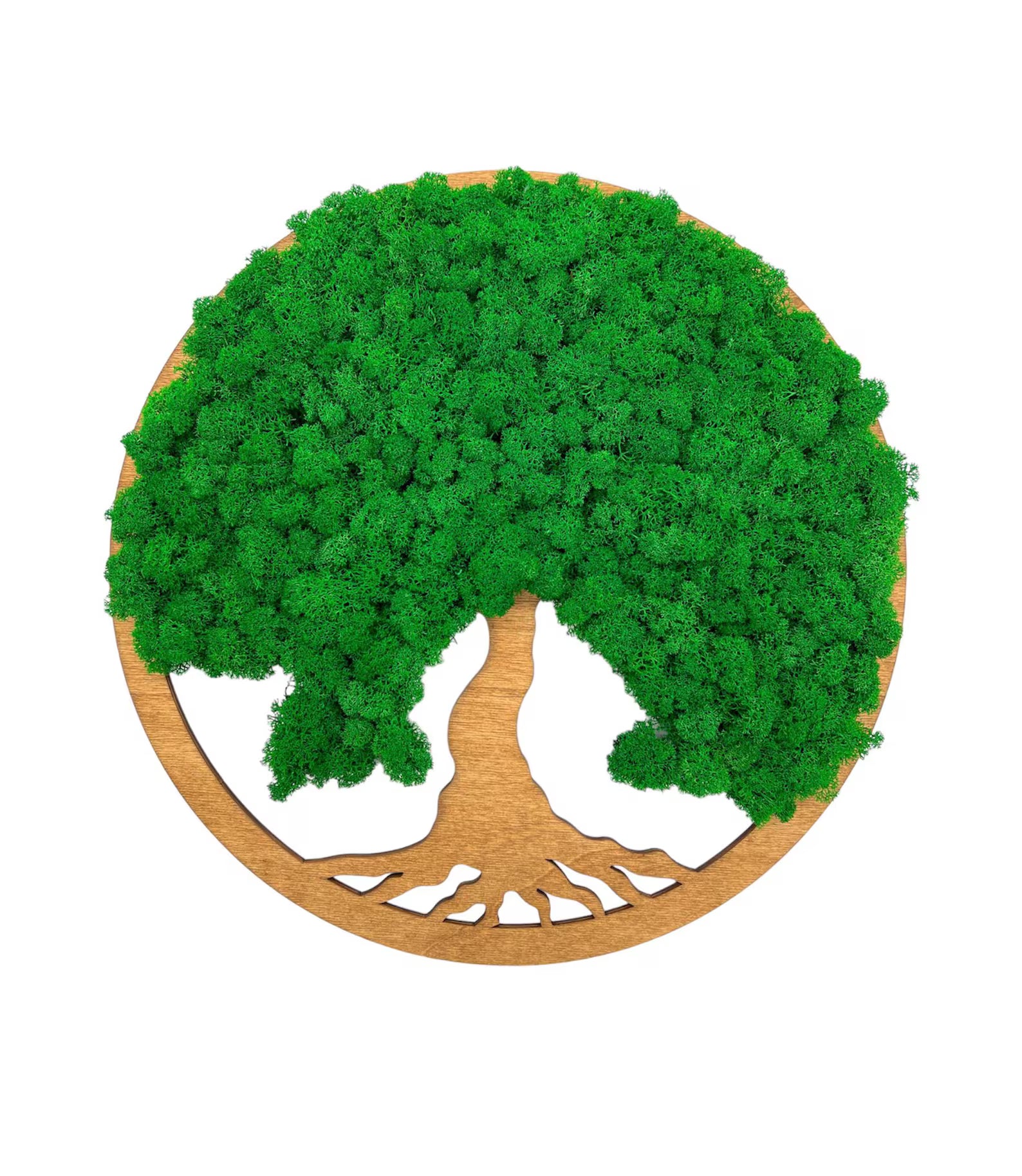Tree of Life Green Moss Wall Art on Walnut Wood – Handmade Minimalist Natural Decor
