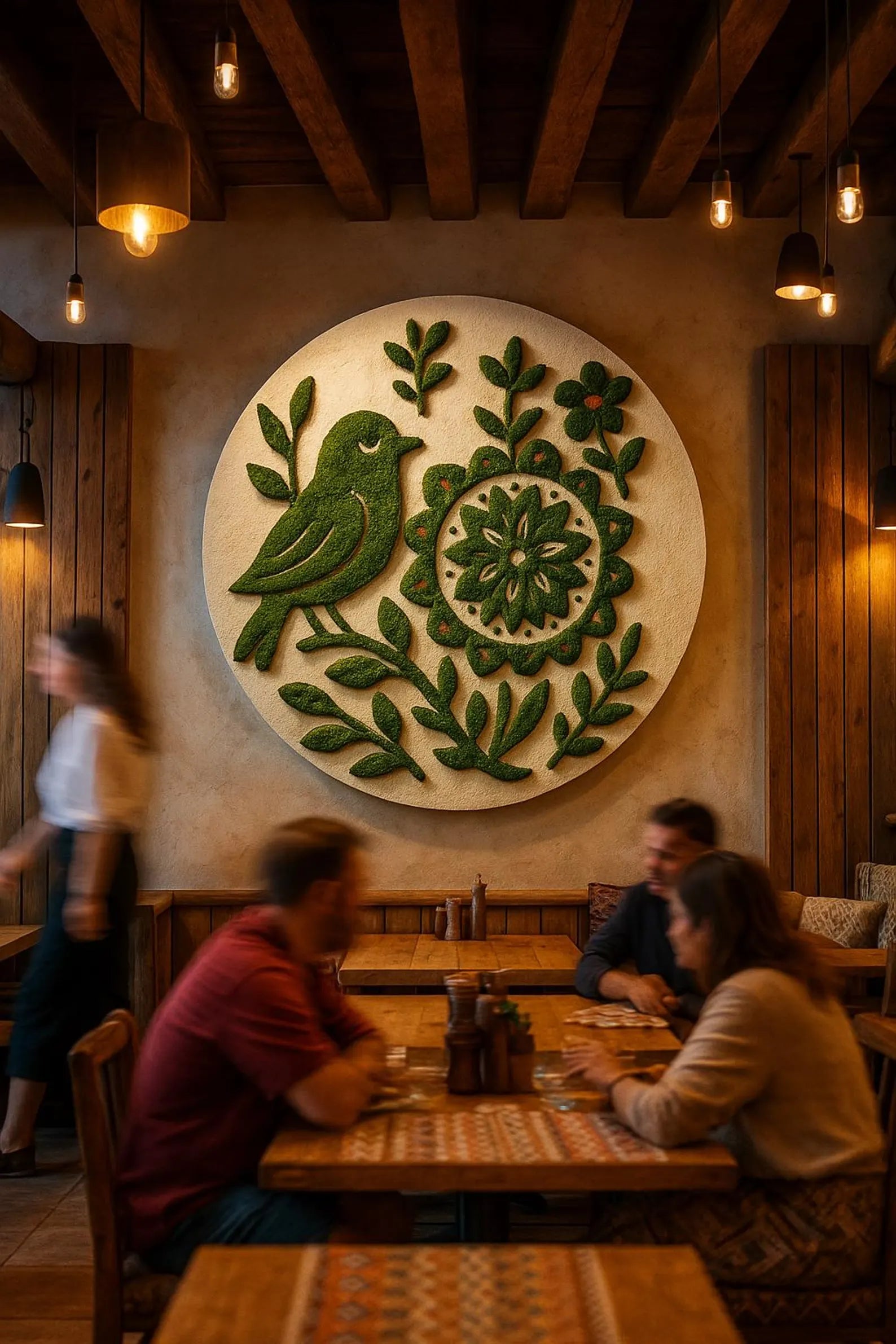 Round Poppy Heart Moss Wall Art – Preserved Moss Panel with Red Floral Folk Design, Rustic Statement Wall Decor for Home or Restaurant