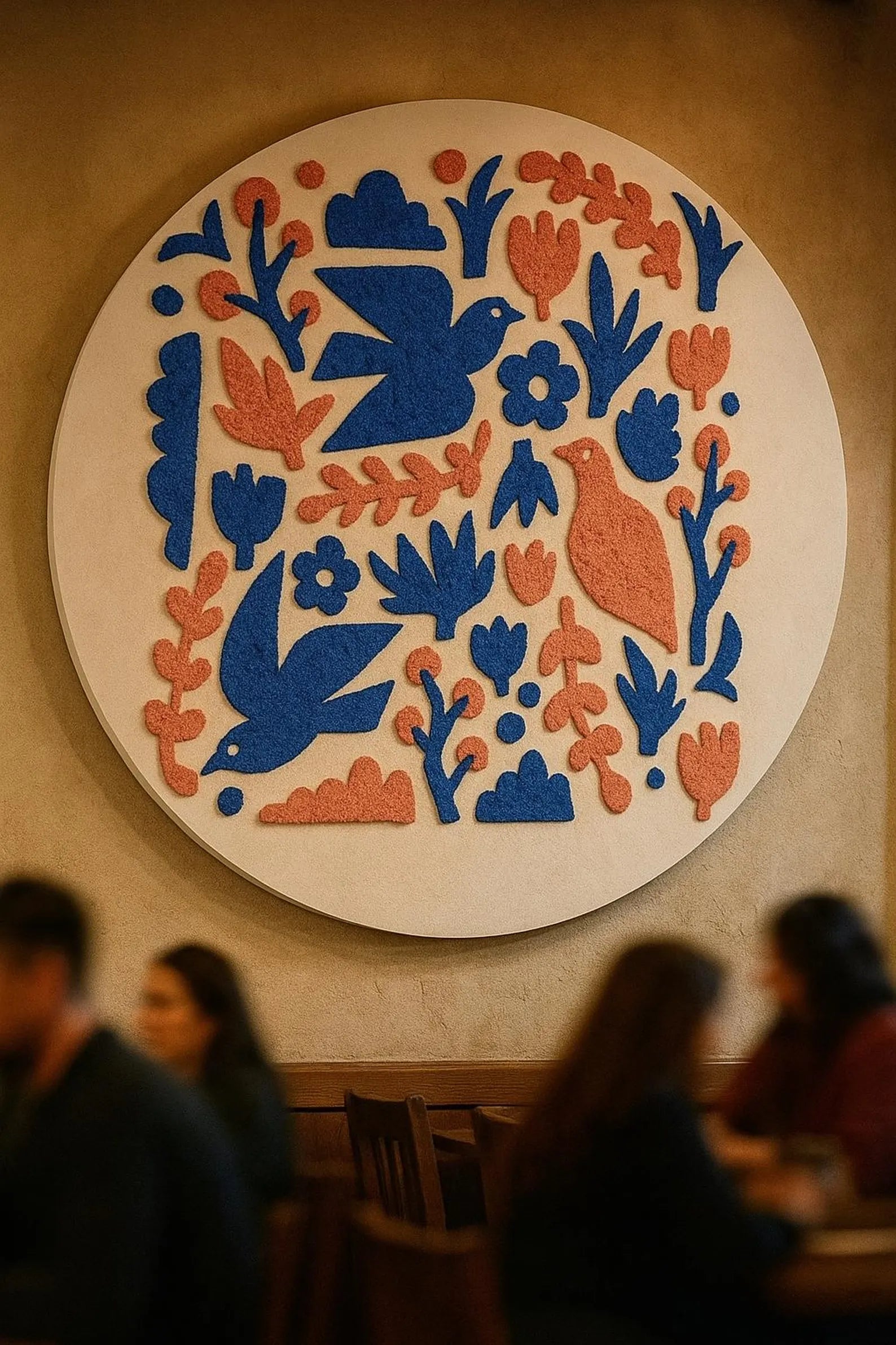 Round Poppy Heart Moss Wall Art – Preserved Moss Panel with Red Floral Folk Design, Rustic Statement Wall Decor for Home or Restaurant