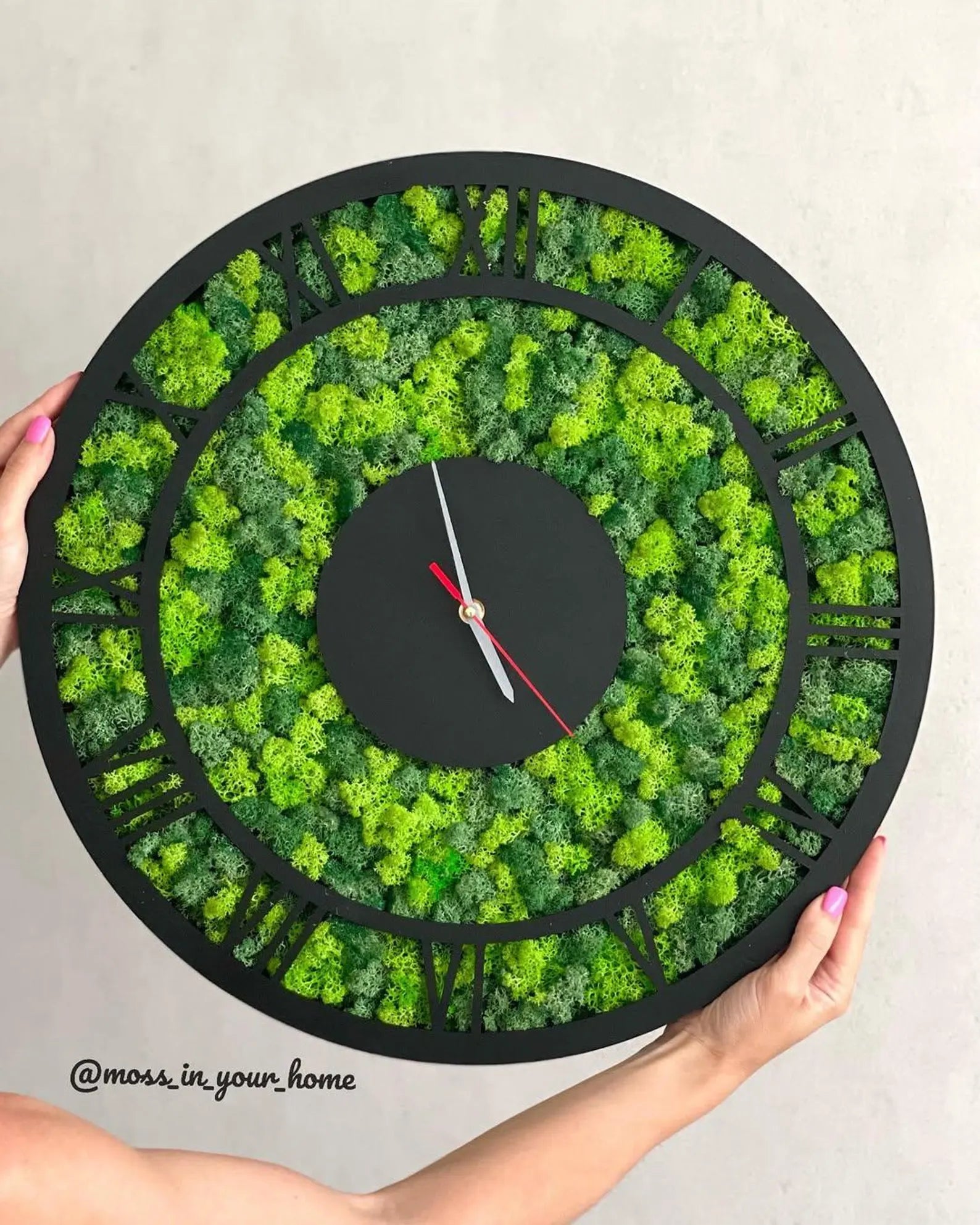 Moss Wall Clock with Roman Numerals – Wooden Silent Modern Wall Art