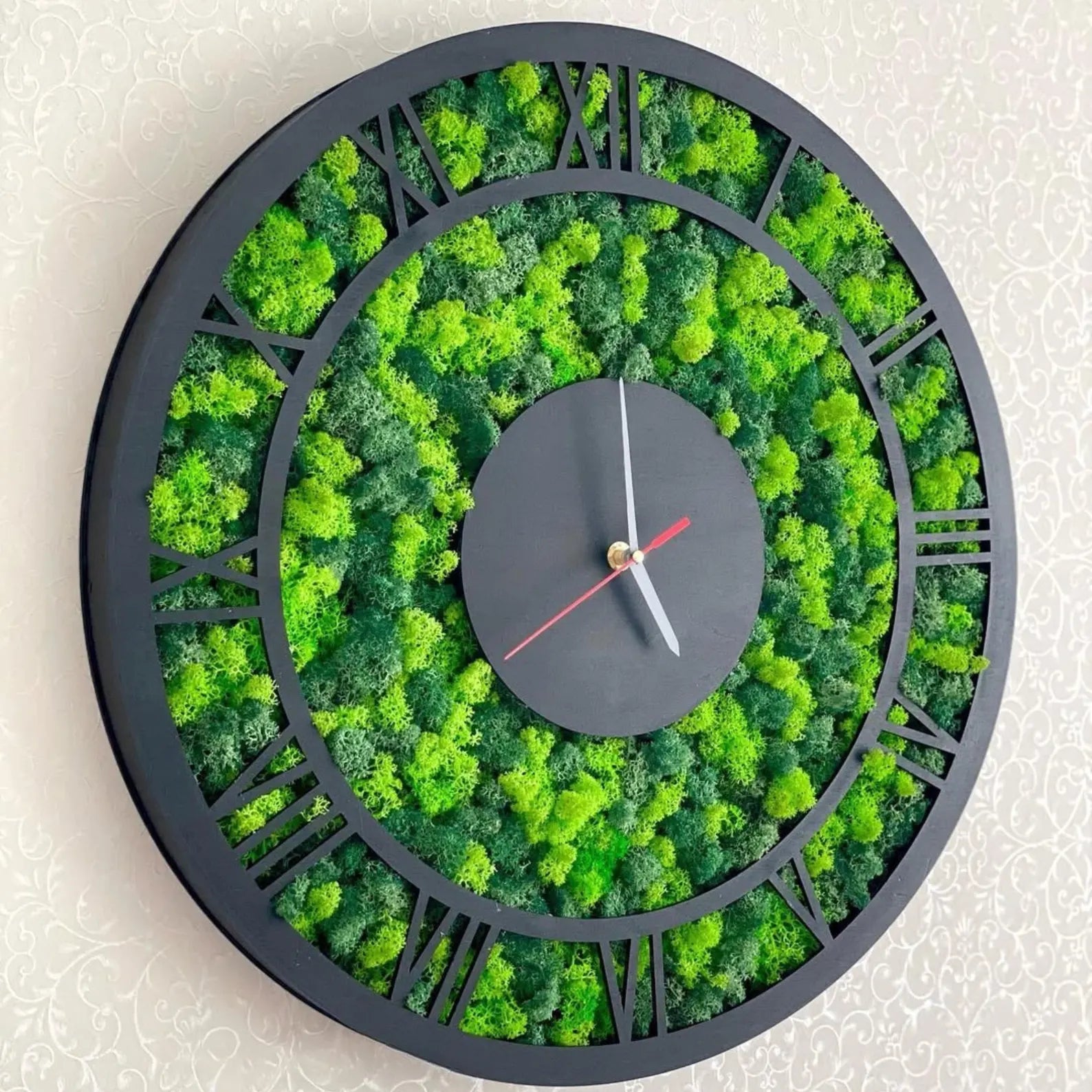 Moss Wall Clock with Roman Numerals – Wooden Silent Modern Wall Art
