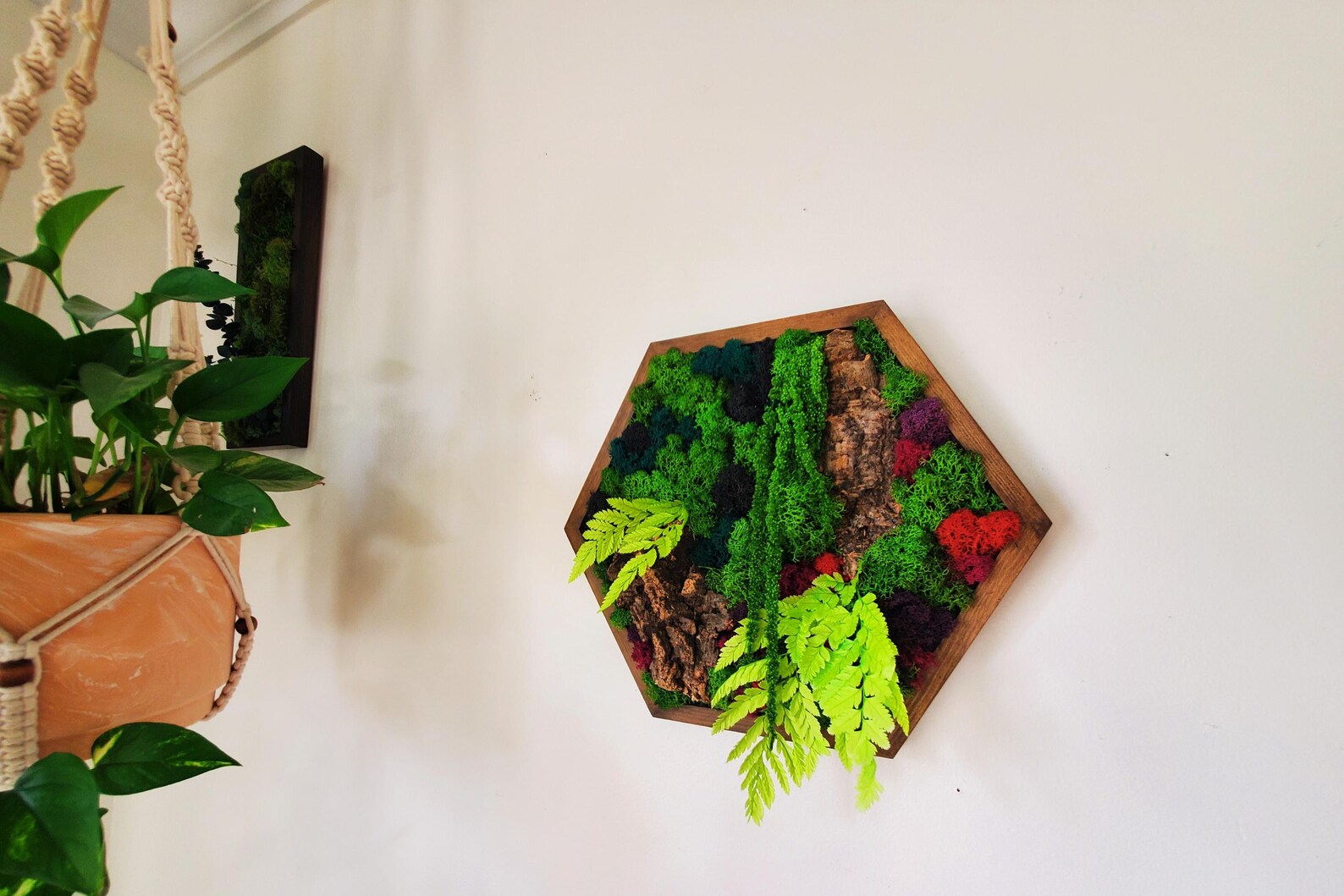 Bohemian Hexagon Moss Wall Art – Honeycomb Botanical Wood Decor