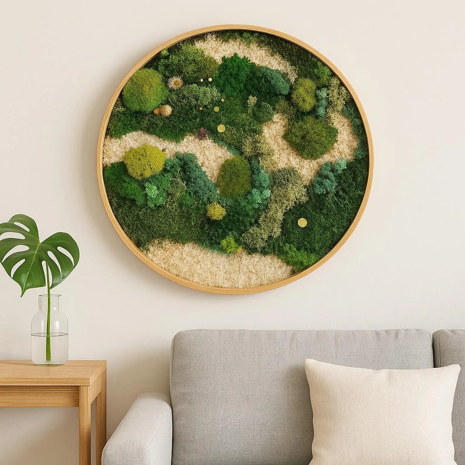 Round Preserved Moss Wall Art – Forest-Inspired Wooden Frame Decor