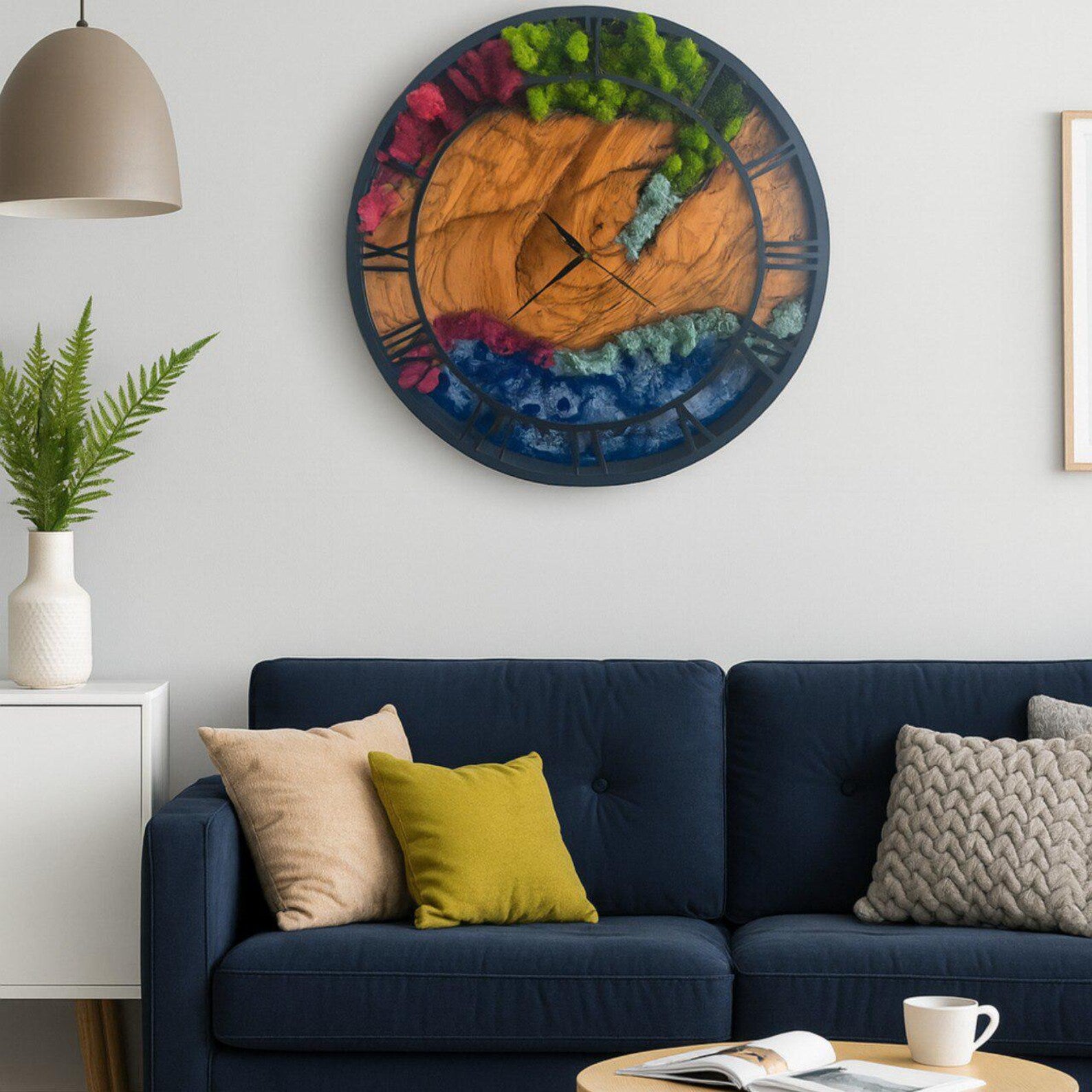 Epoxy & Moss Wall Clock – Large Resin Art Clock with Metal Frame and Olive Tree Design