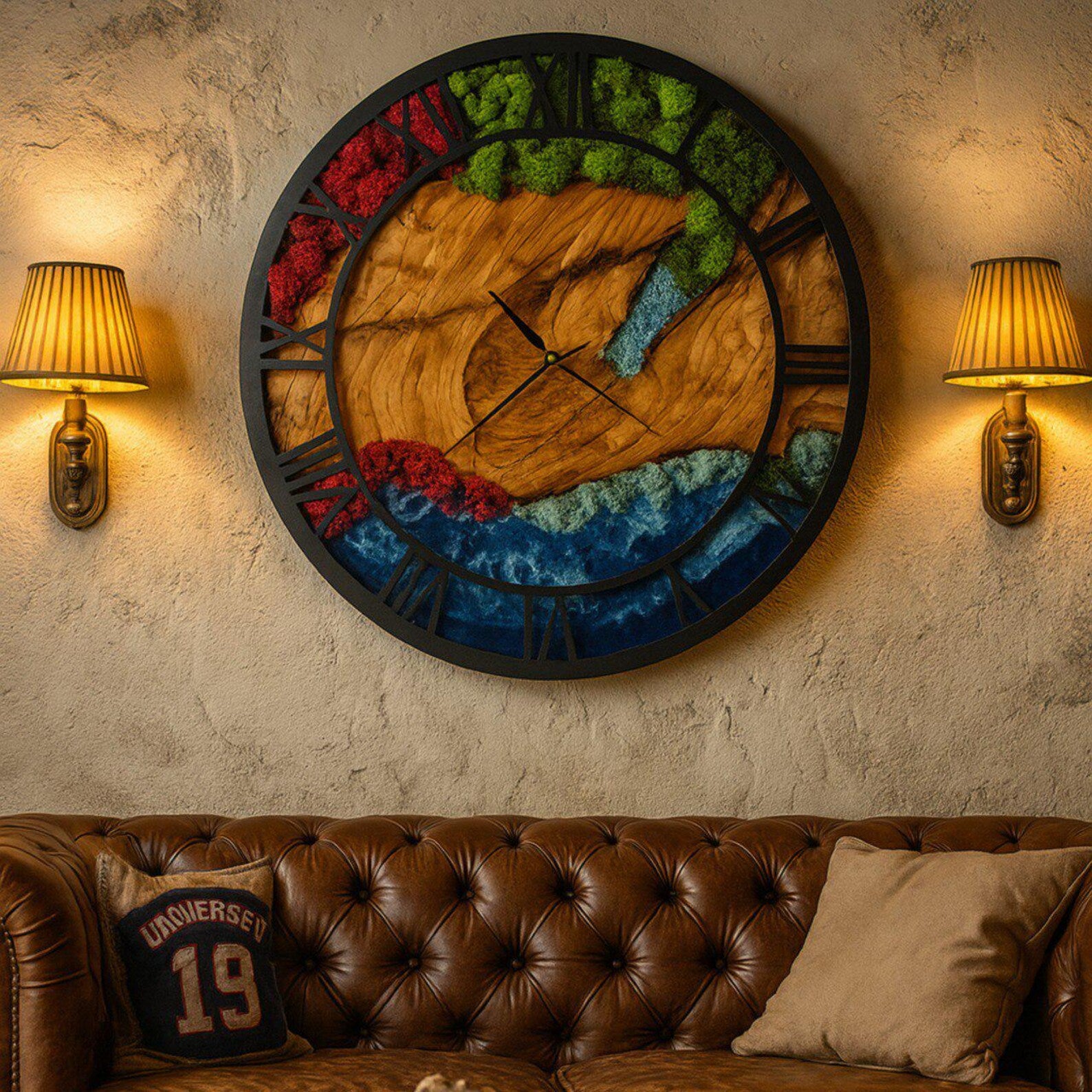 Epoxy & Moss Wall Clock – Large Resin Art Clock with Metal Frame and Olive Tree Design