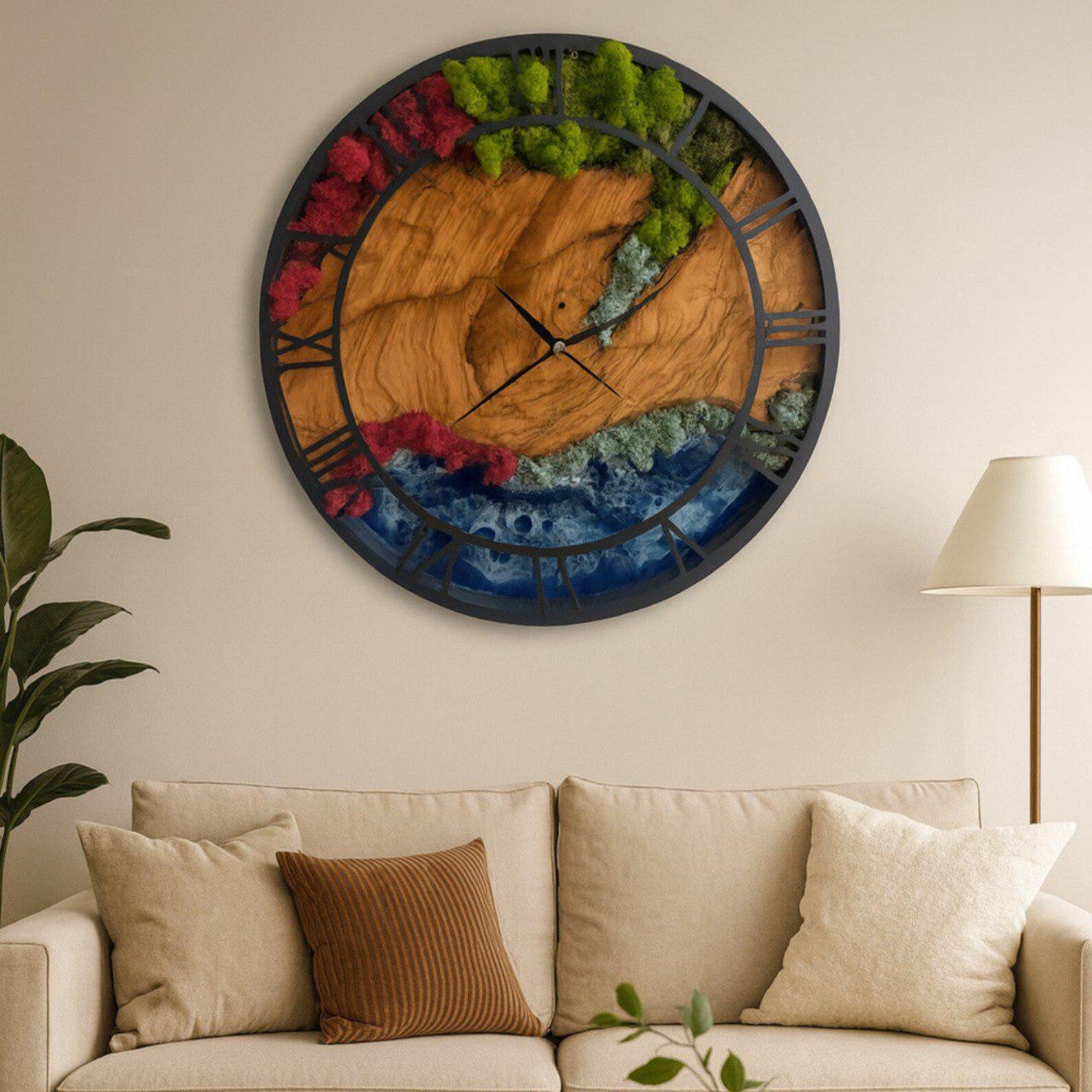 Epoxy & Moss Wall Clock – Large Resin Art Clock with Metal Frame and Olive Tree Design