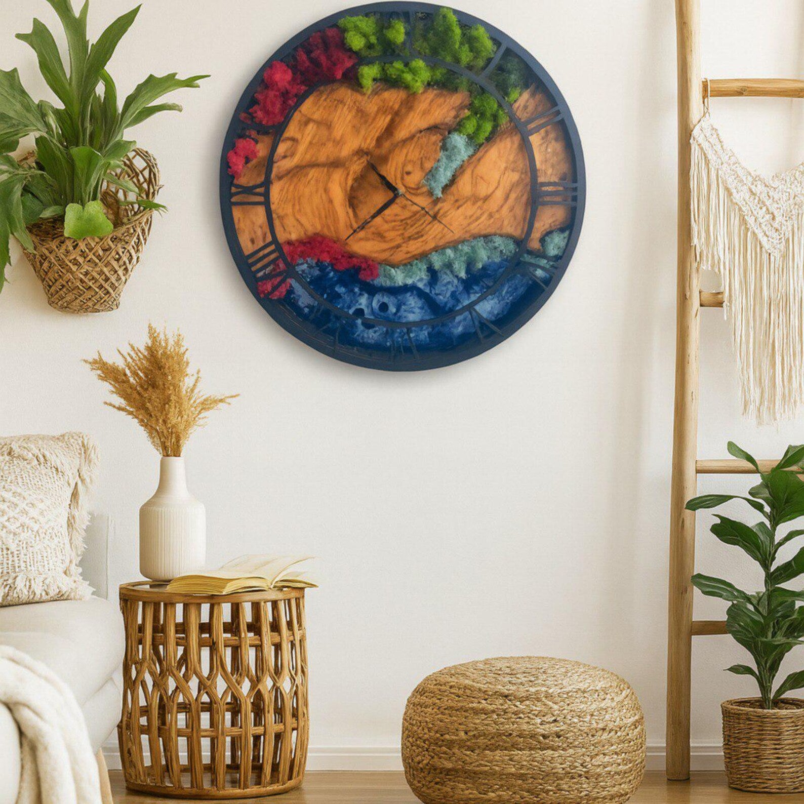 Epoxy & Moss Wall Clock – Large Resin Art Clock with Metal Frame and Olive Tree Design