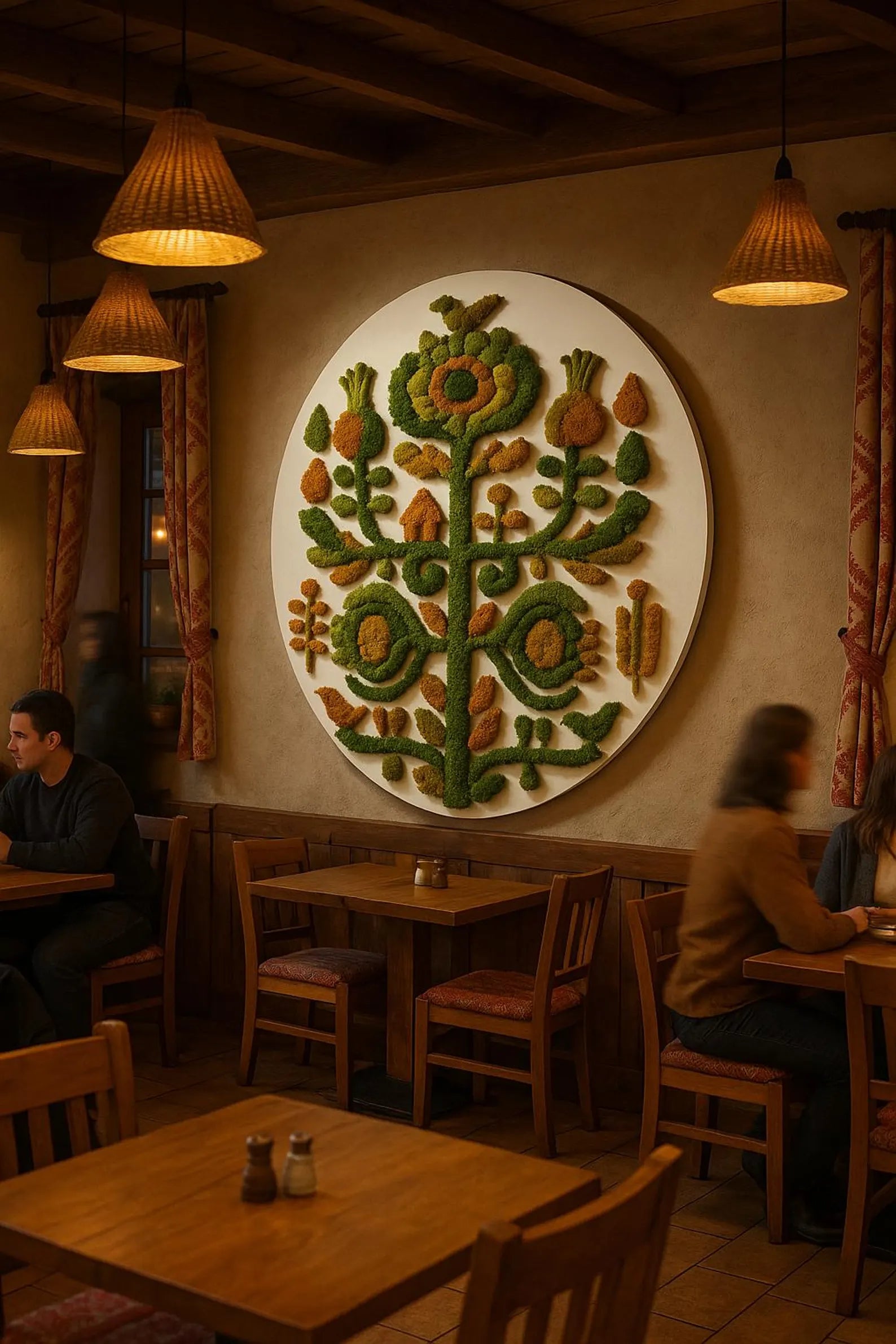 Round Poppy Heart Moss Wall Art – Preserved Moss Panel with Red Floral Folk Design, Rustic Statement Wall Decor for Home or Restaurant