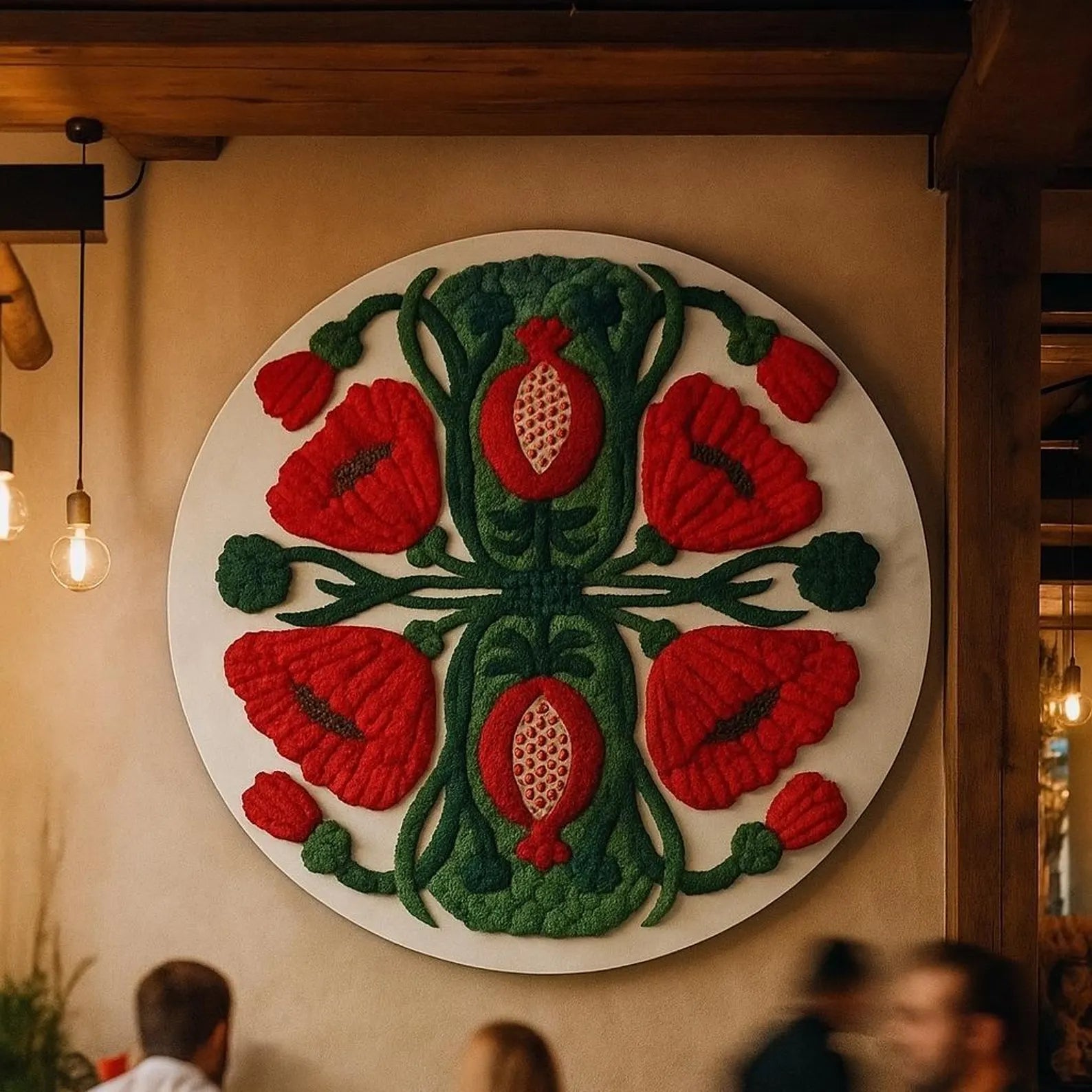 Round Poppy Heart Moss Wall Art – Preserved Moss Panel with Red Floral Folk Design, Rustic Statement Wall Decor for Home or Restaurant