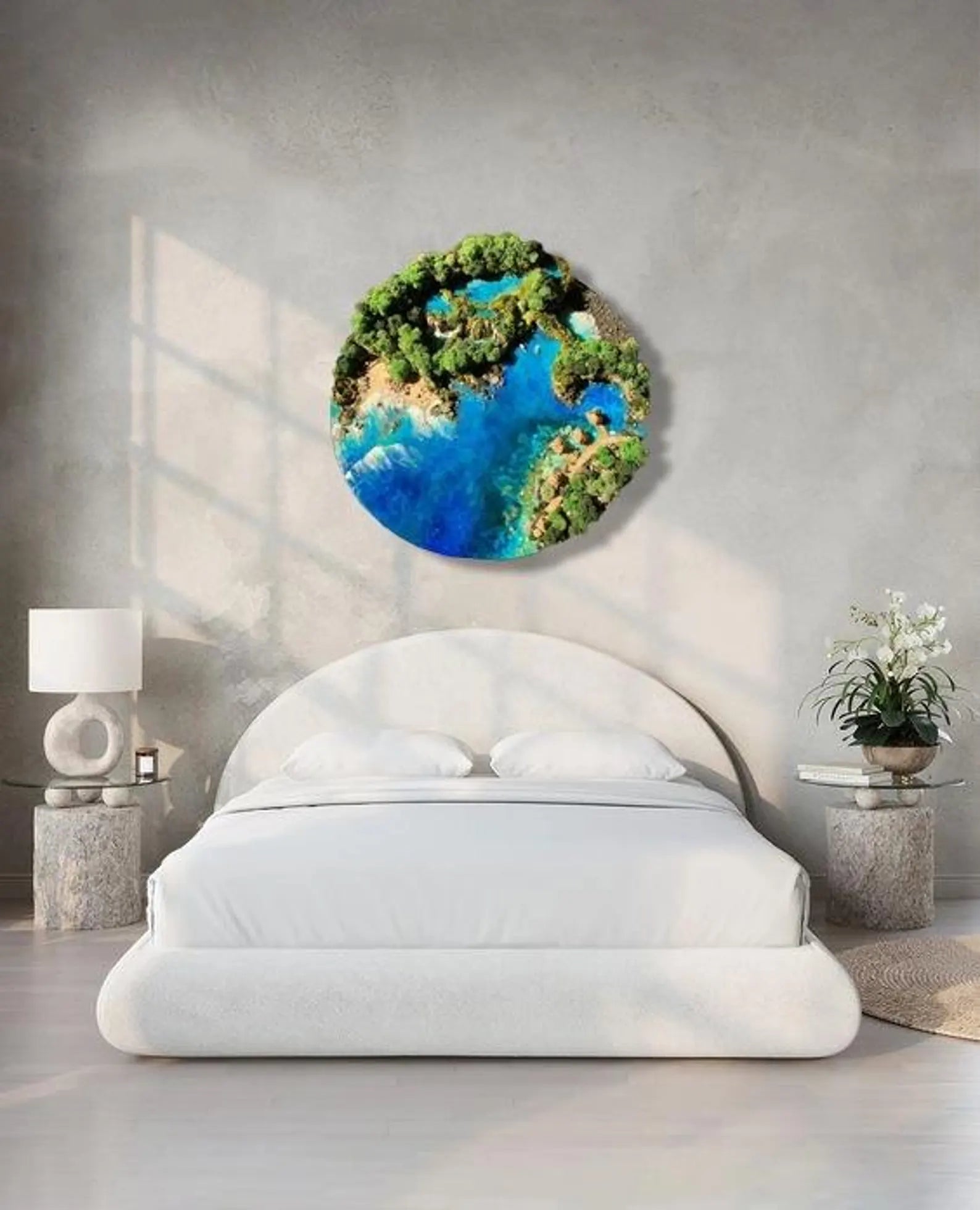 Esin Wall Art 60cm – Handmade Moss & Sand Wall Decor on Wood Base, Unique Bedroom Decoration