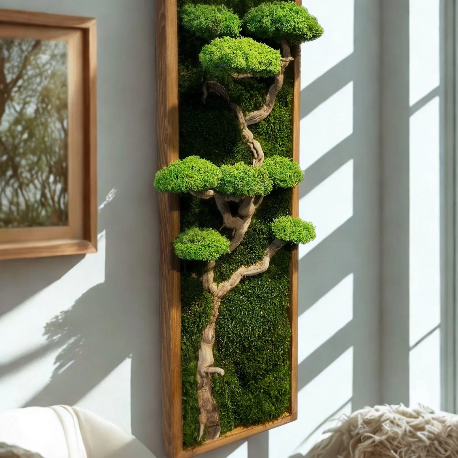 Preserved Moss Bonsai Wall Art – Driftwood Tree Sculpture | Japanese Zen Nature Decor Frame
