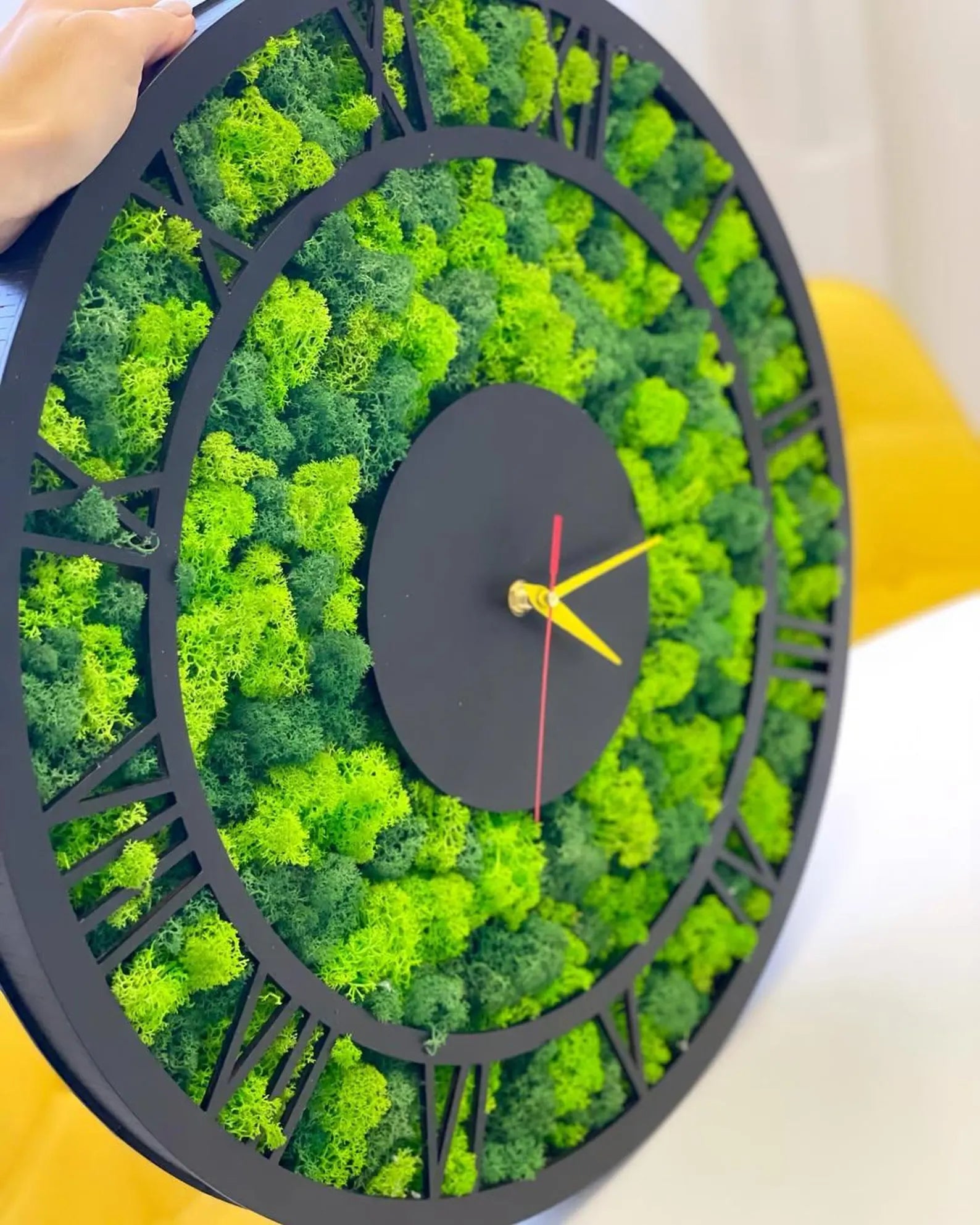 Moss Wall Clock with Roman Numerals – Wooden Silent Modern Wall Art