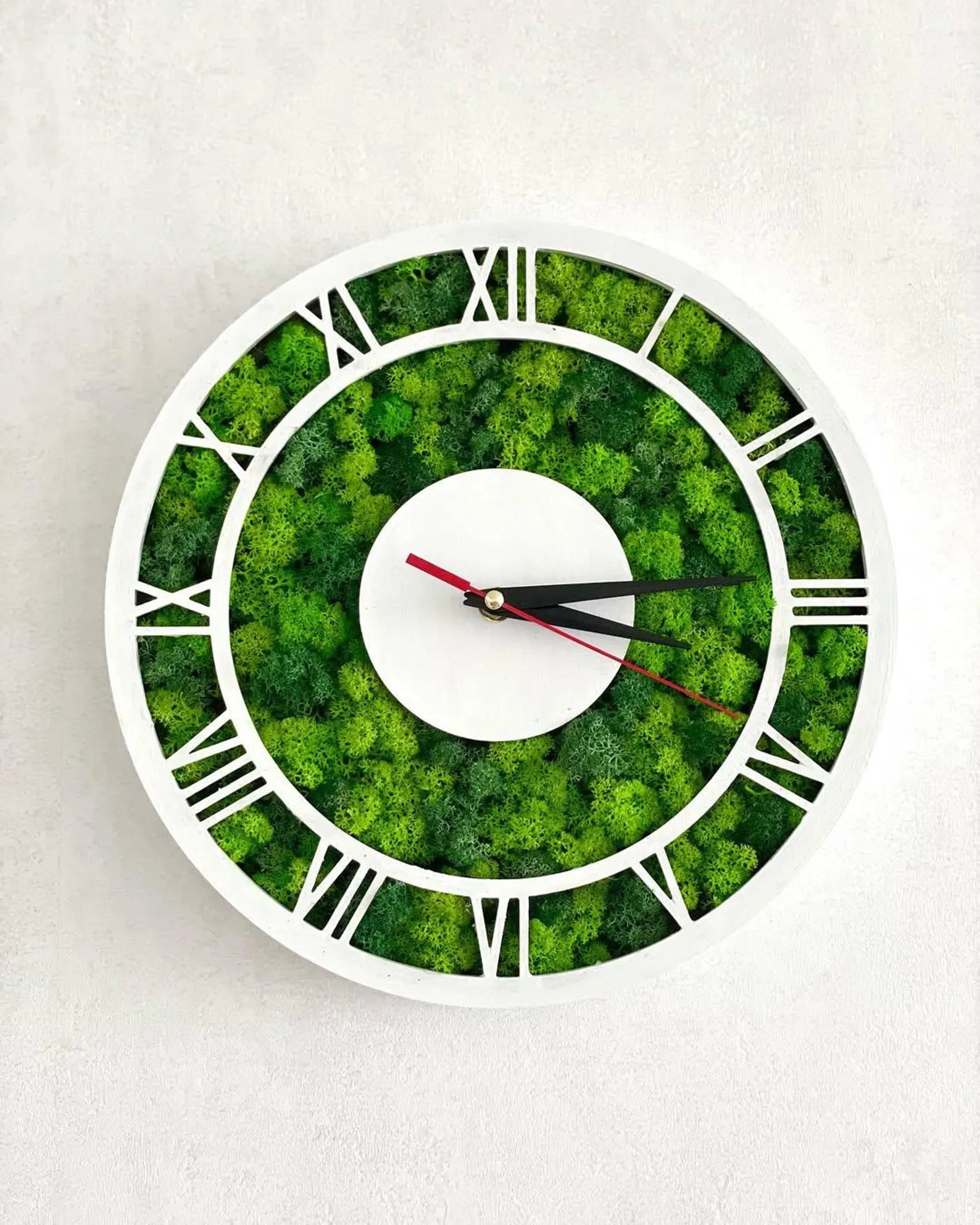 Moss Wall Clock with Roman Numerals – Wooden Silent Modern Wall Art