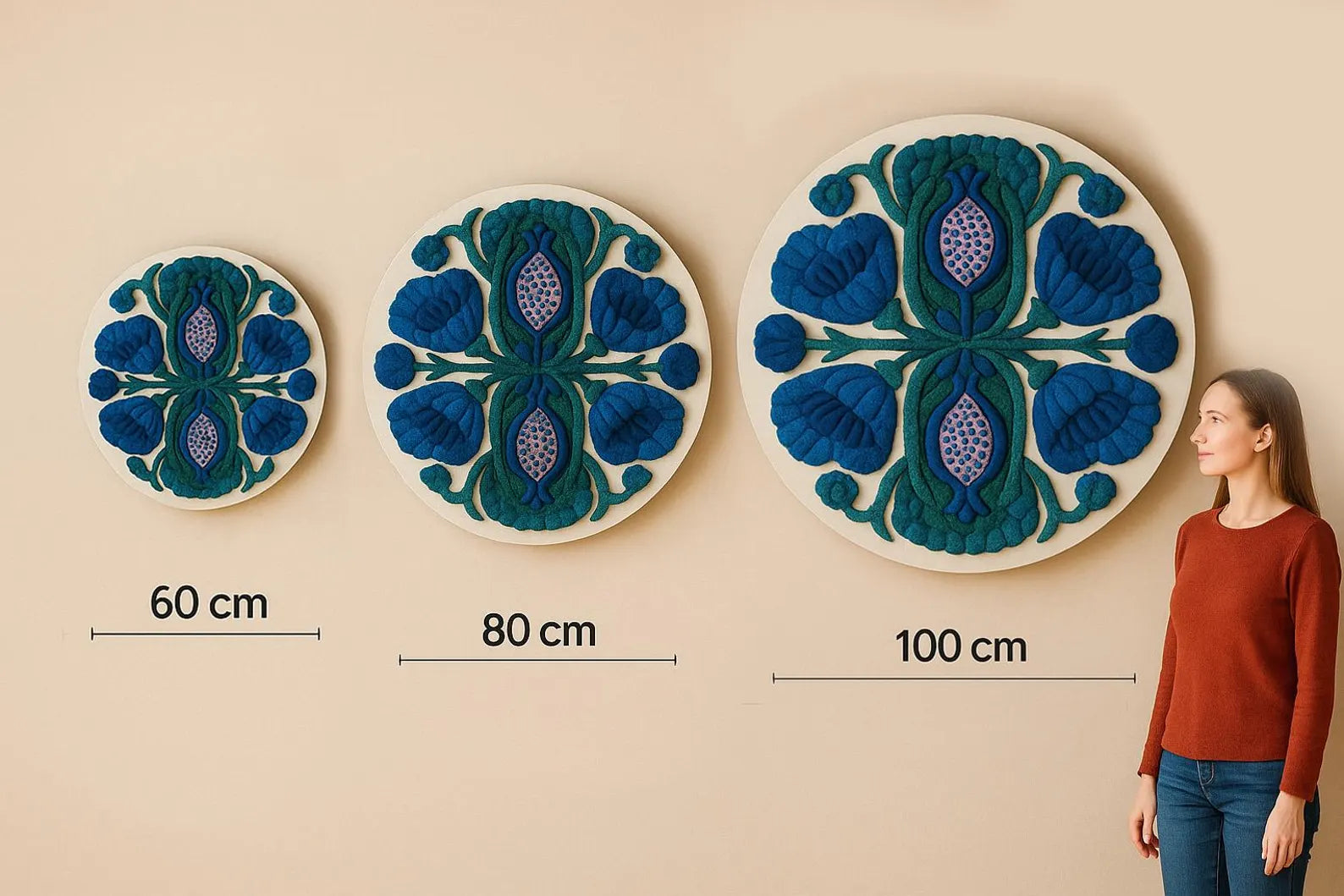 Round Poppy Heart Moss Wall Art – Preserved Moss Panel with Red Floral Folk Design, Rustic Statement Wall Decor for Home or Restaurant