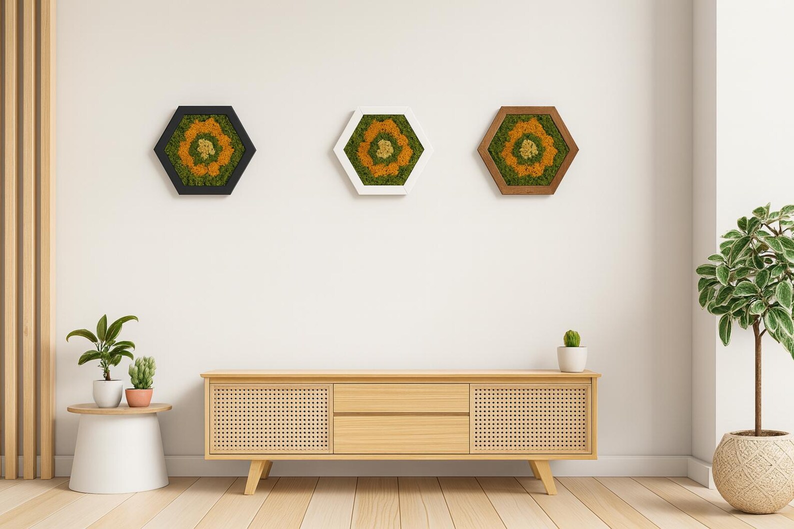 Natural Moss Wall Art Set – Framed Wooden Hexagon Handmade Decor