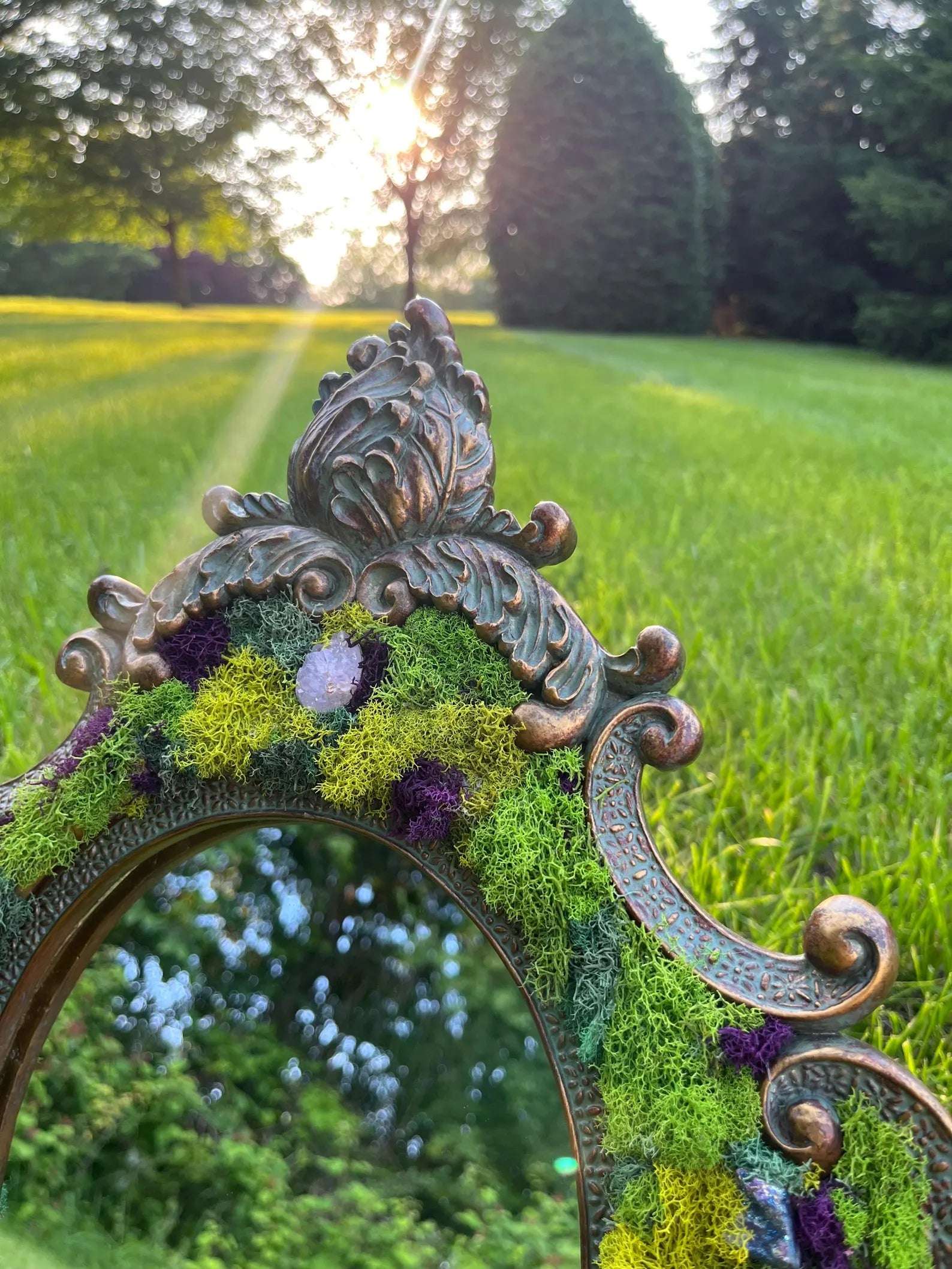 Fairycore Mossy Mirror with Crystals and Shells – Enchanted Home Accent