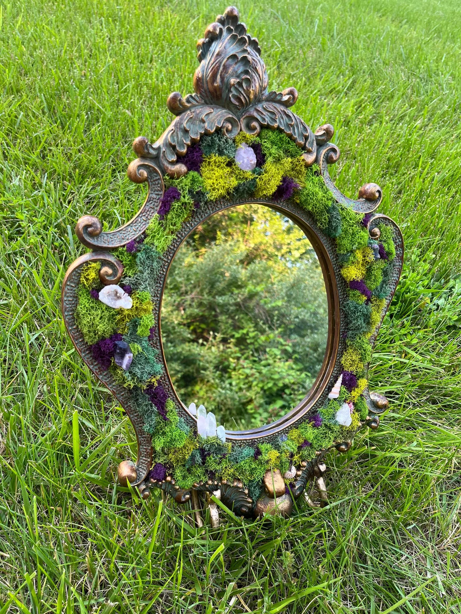 Fairycore Mossy Mirror with Crystals and Shells – Enchanted Home Accent