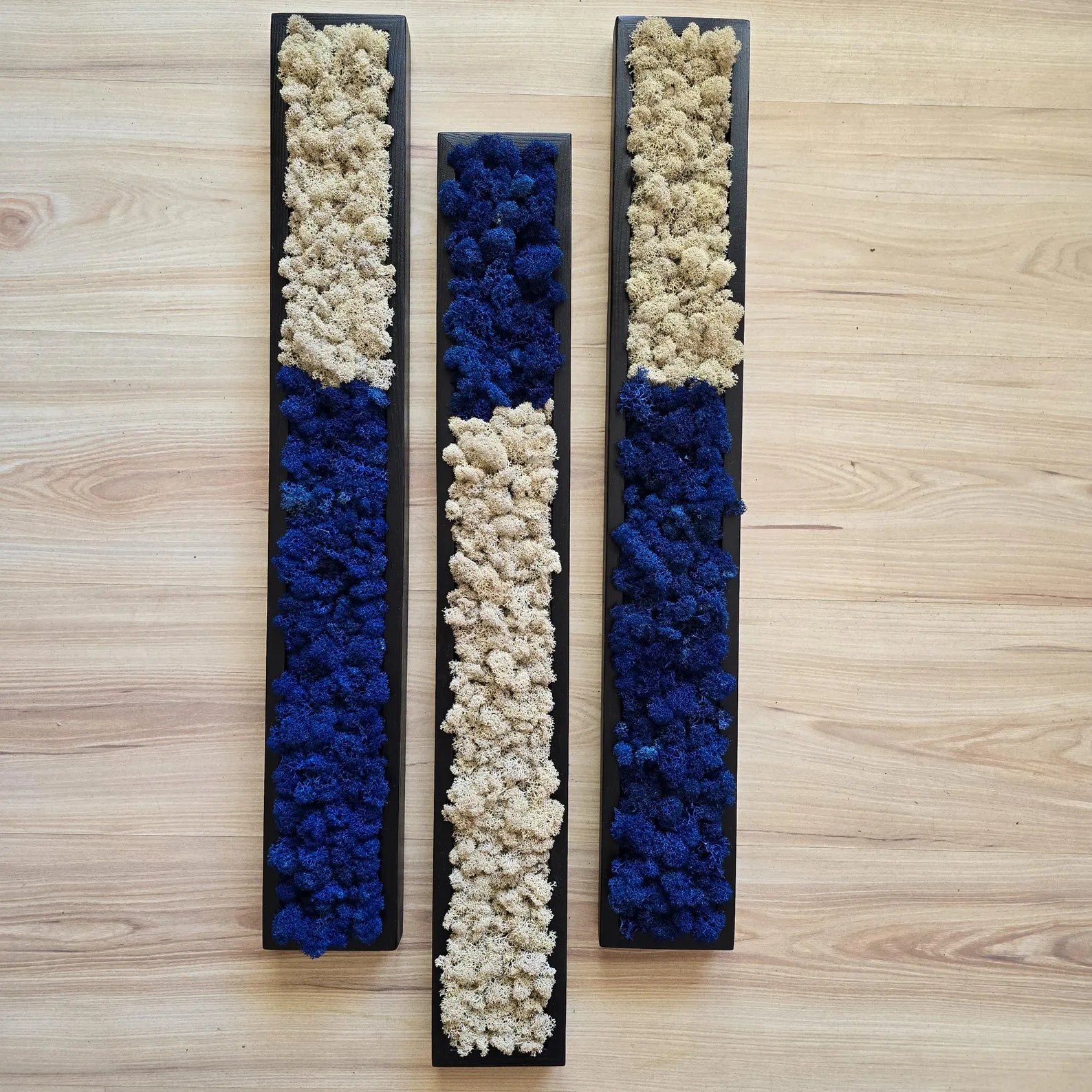 Set of 3 Preserved Moss Wall Panels – Blue & Beige Scandinavian Wall Art