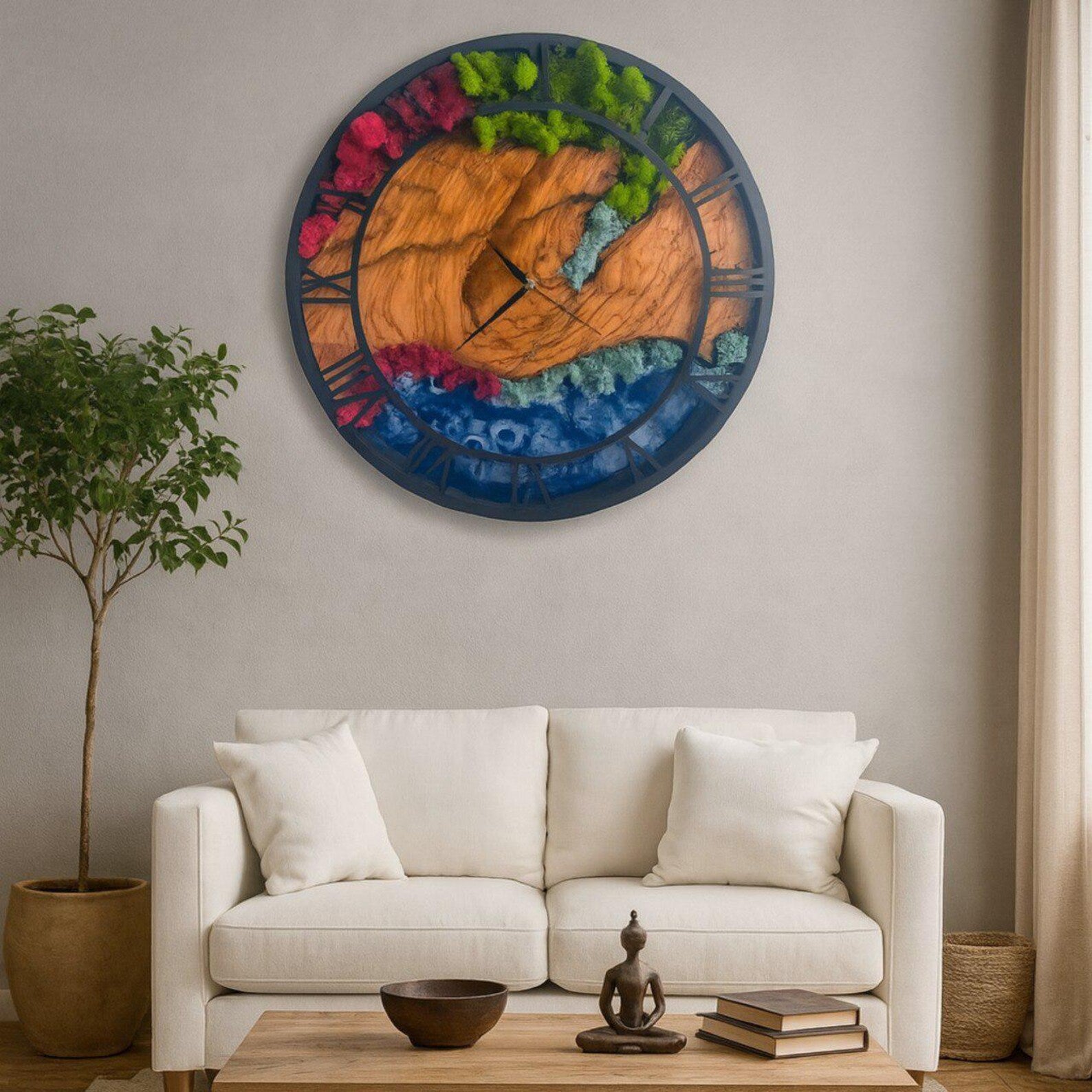 Epoxy & Moss Wall Clock – Large Resin Art Clock with Metal Frame and Olive Tree Design