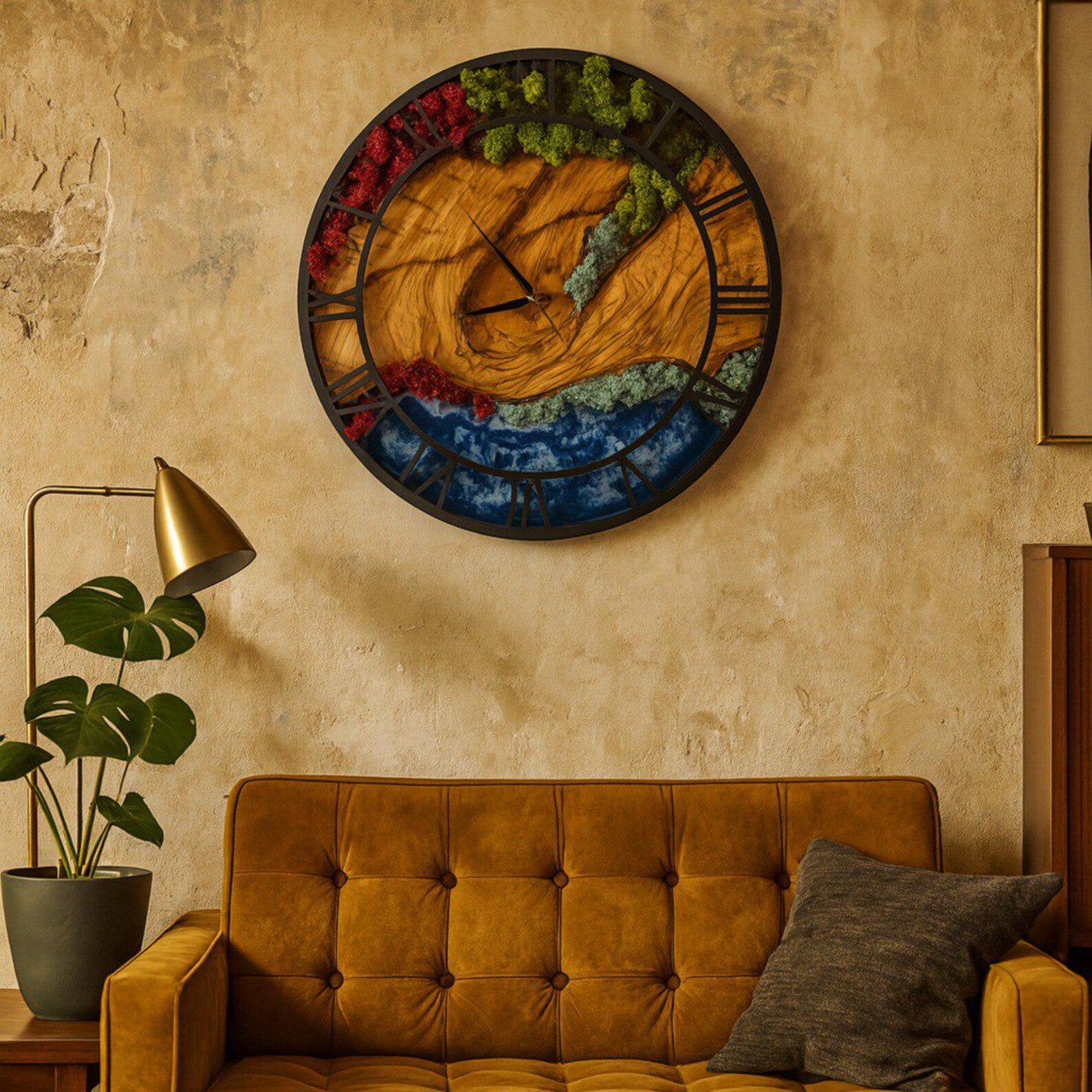 Epoxy & Moss Wall Clock – Large Resin Art Clock with Metal Frame and Olive Tree Design