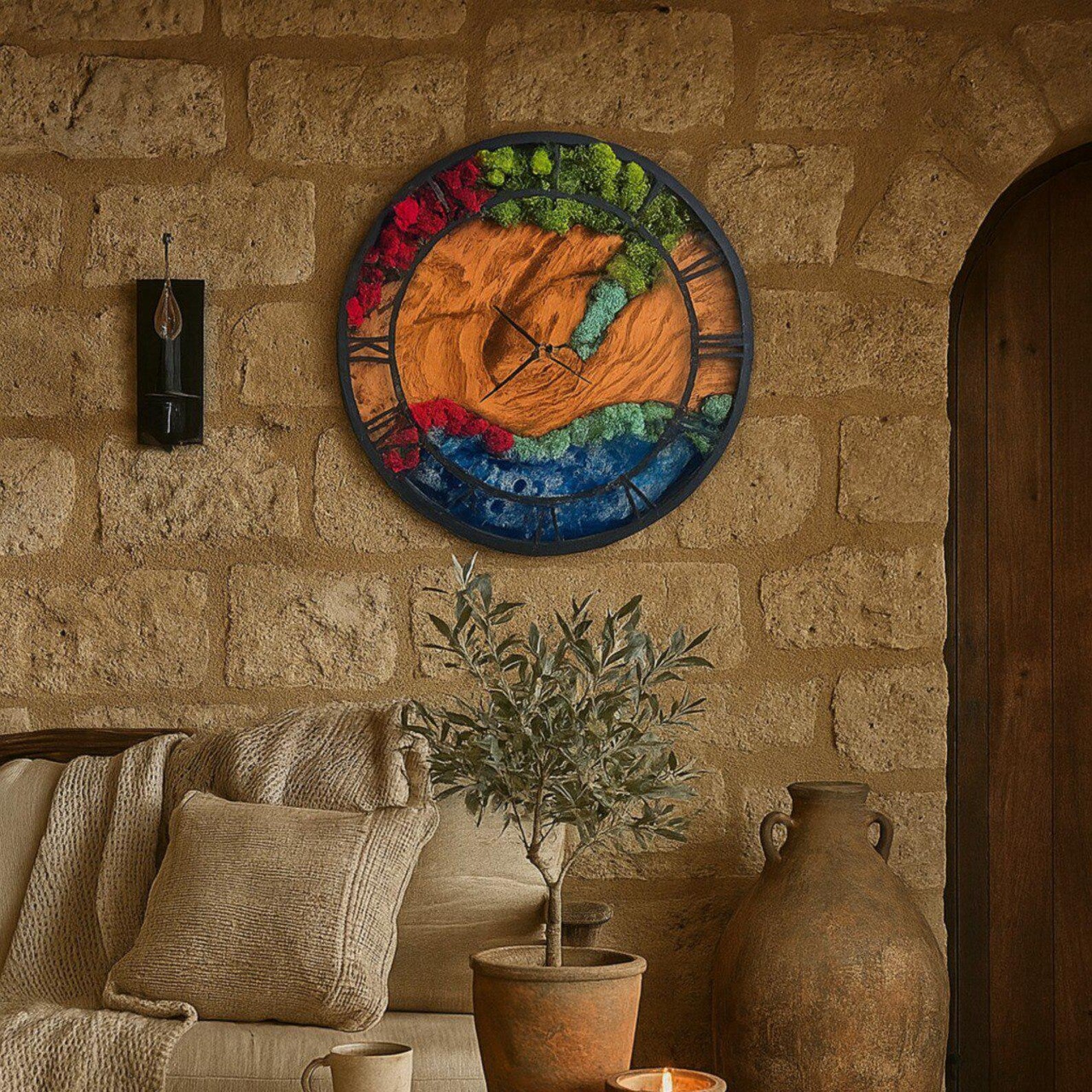 Epoxy & Moss Wall Clock – Large Resin Art Clock with Metal Frame and Olive Tree Design