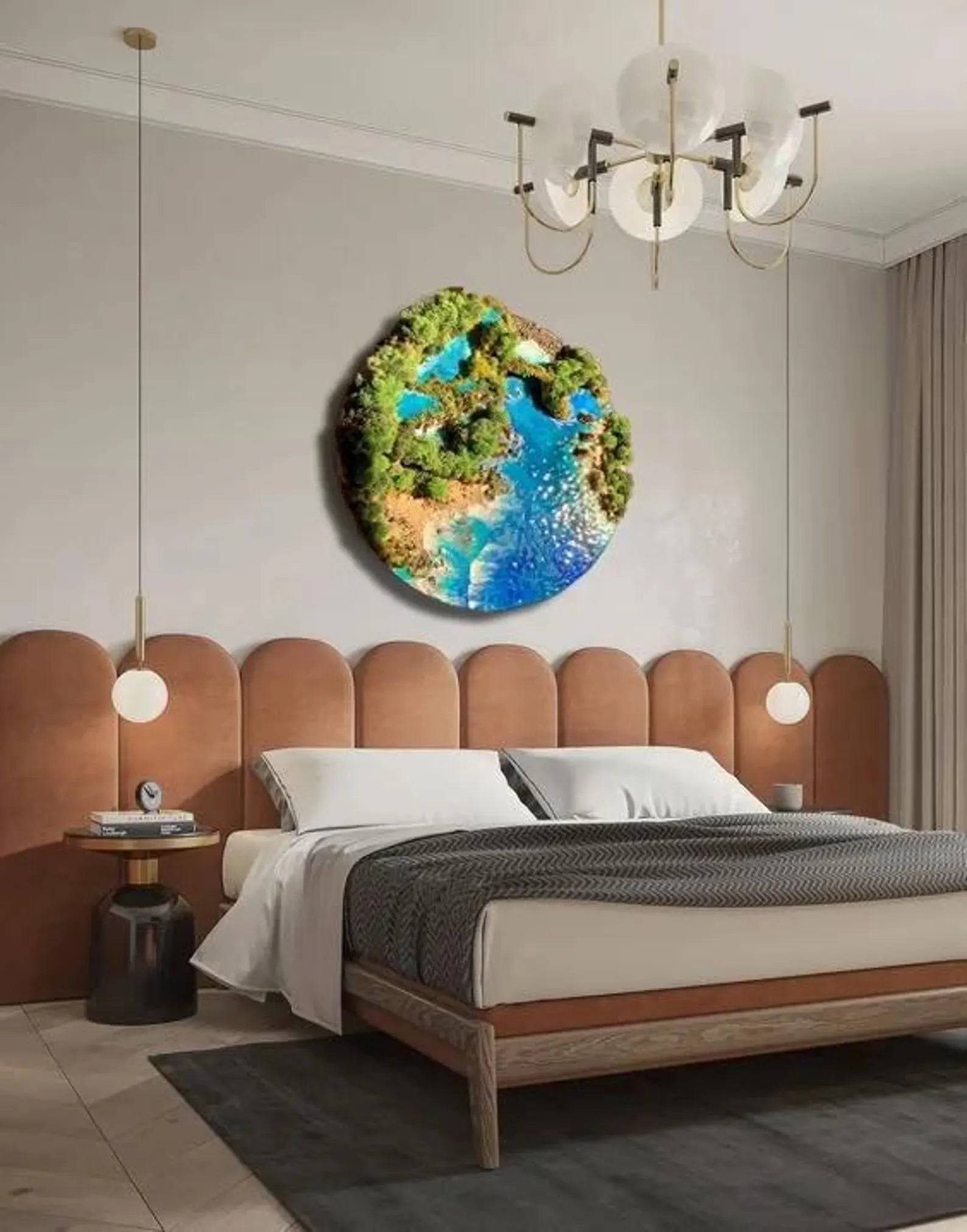 Esin Wall Art 60cm – Handmade Moss & Sand Wall Decor on Wood Base, Unique Bedroom Decoration