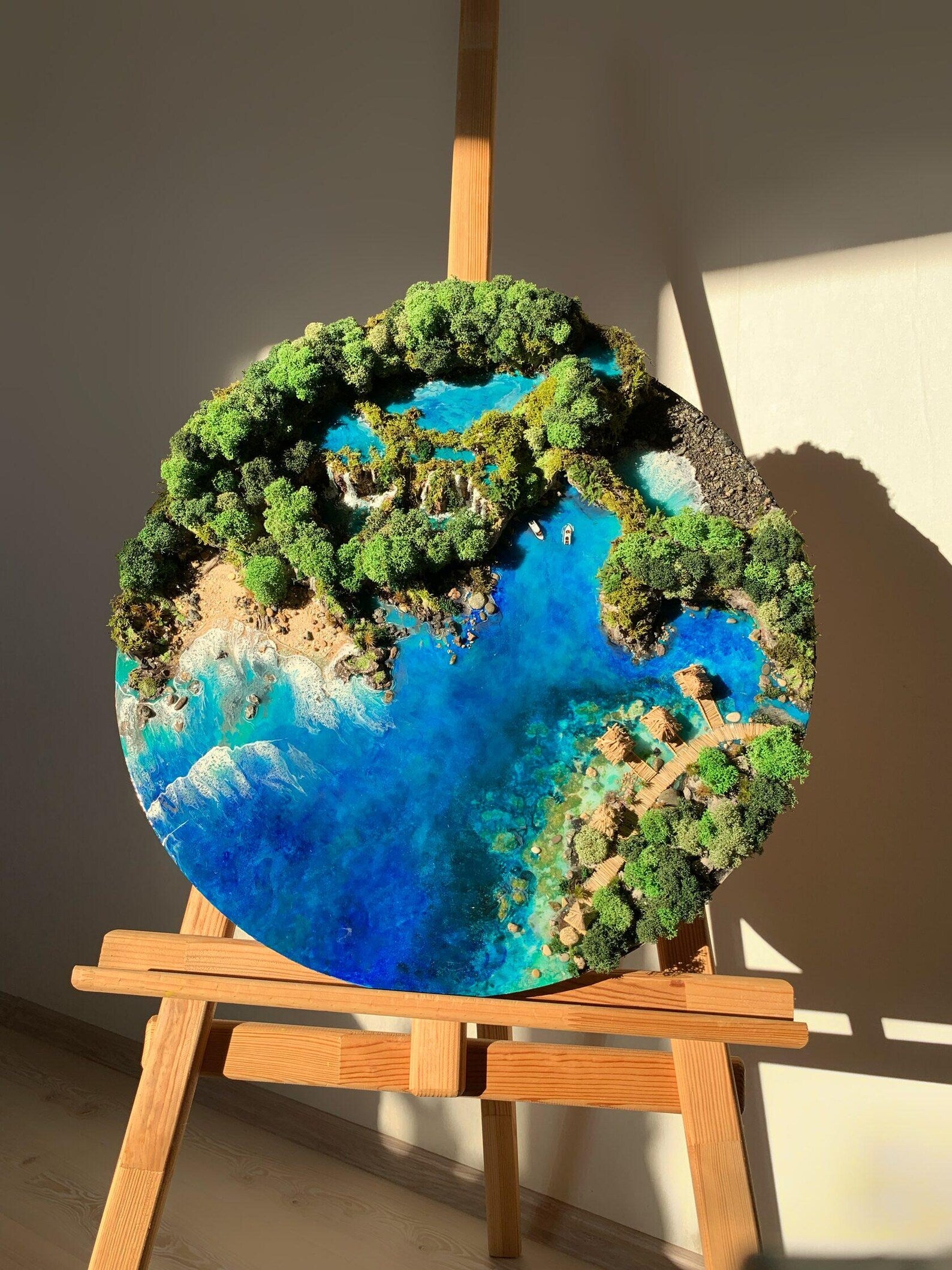 Esin Wall Art 60cm – Handmade Moss & Sand Wall Decor on Wood Base, Unique Bedroom Decoration