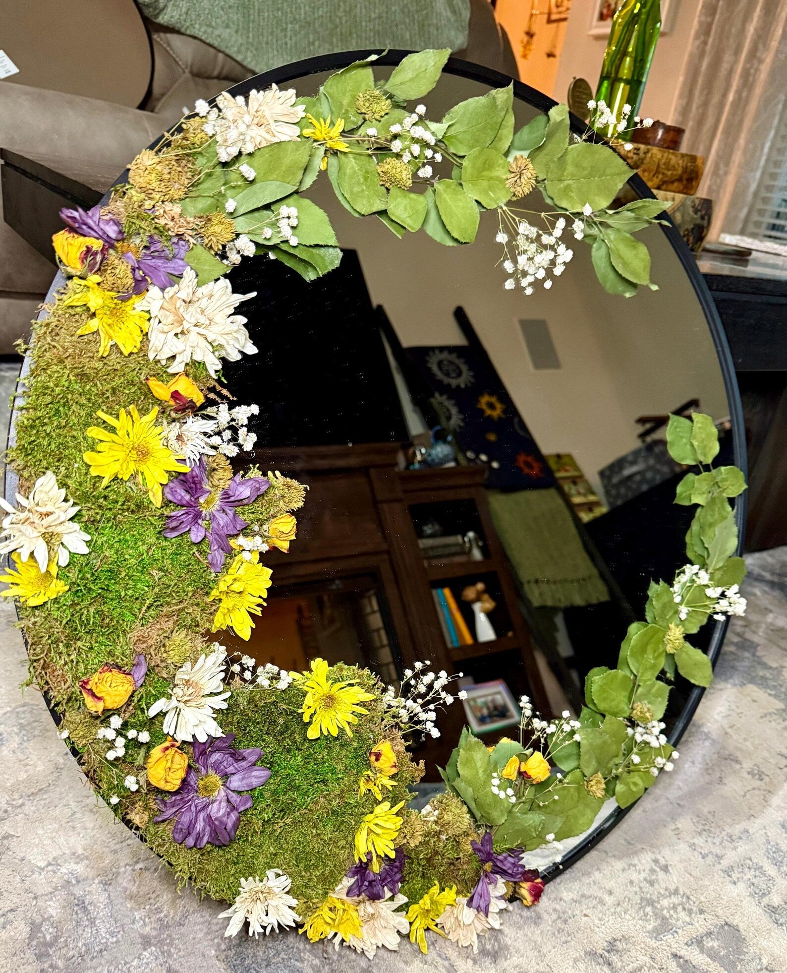 Botanical Moss Mirror with Unakite & Butterflies – Nature Wall Art