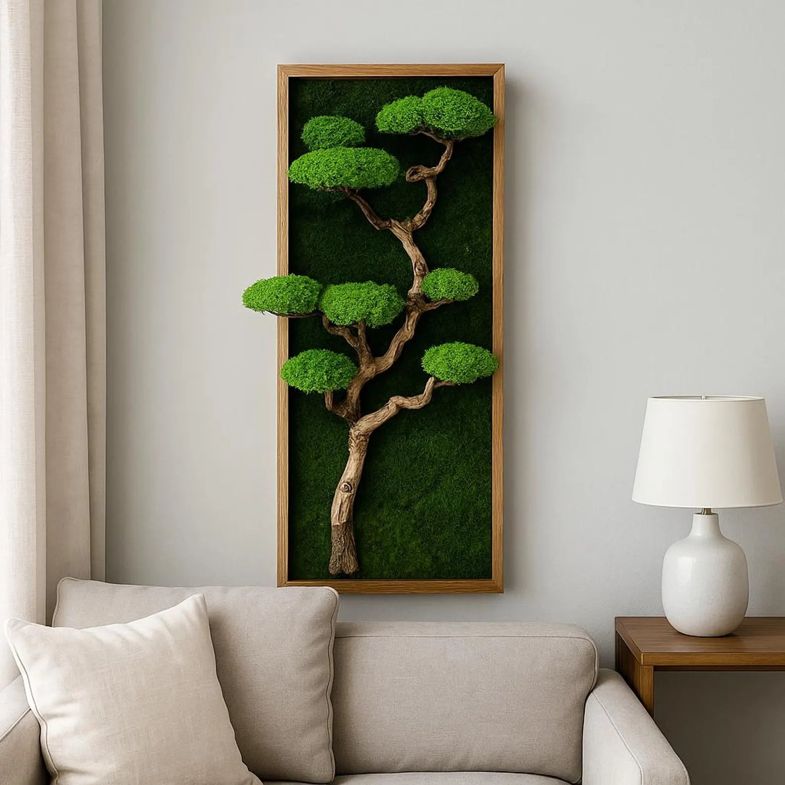 Preserved Moss Bonsai Wall Art – Driftwood Tree Sculpture | Japanese Zen Nature Decor Frame