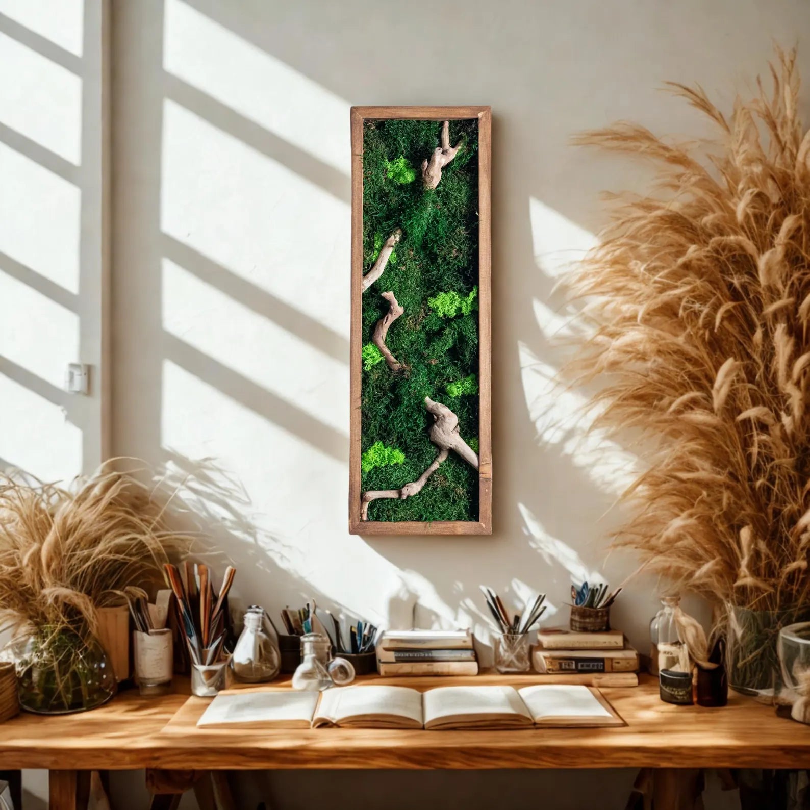 Rustic Moss and Bonsai Wood Wall Art – Vertical Wooden Frame Decor for Modern Living Rooms
