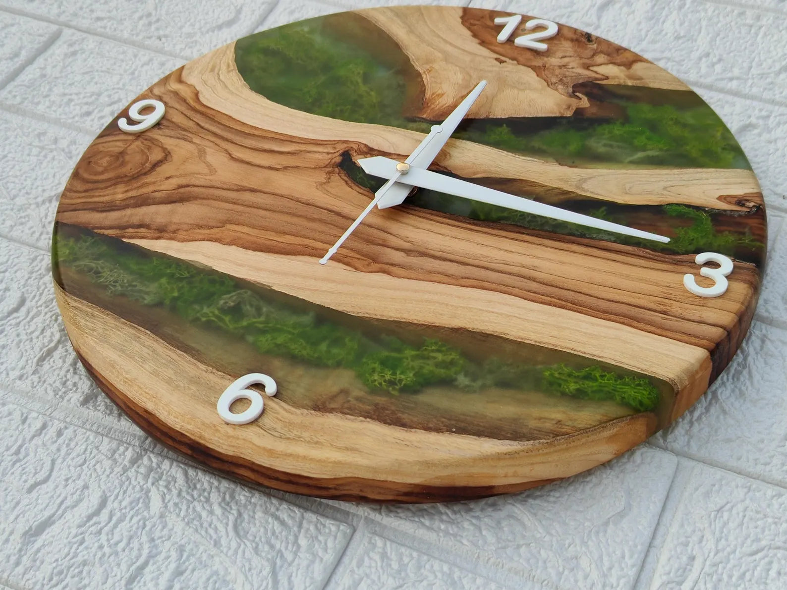 Green Moss Epoxy Resin Clock – Live Edge Teak Wood Wall Art & Unique Home Decor