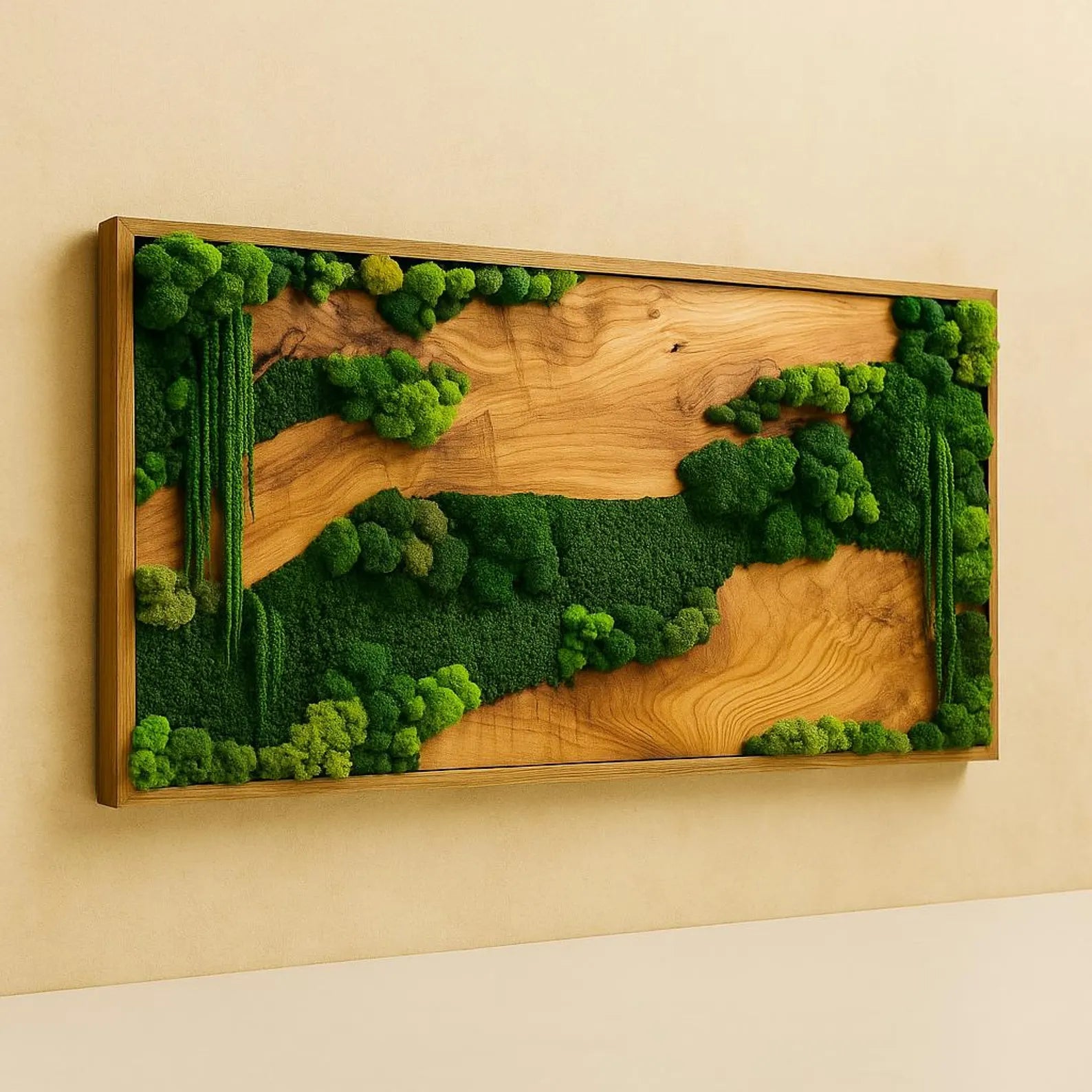 Handmade Wooden Moss Wall Art – Natural Green Preserved Moss Frame for Modern Home & Office Décor