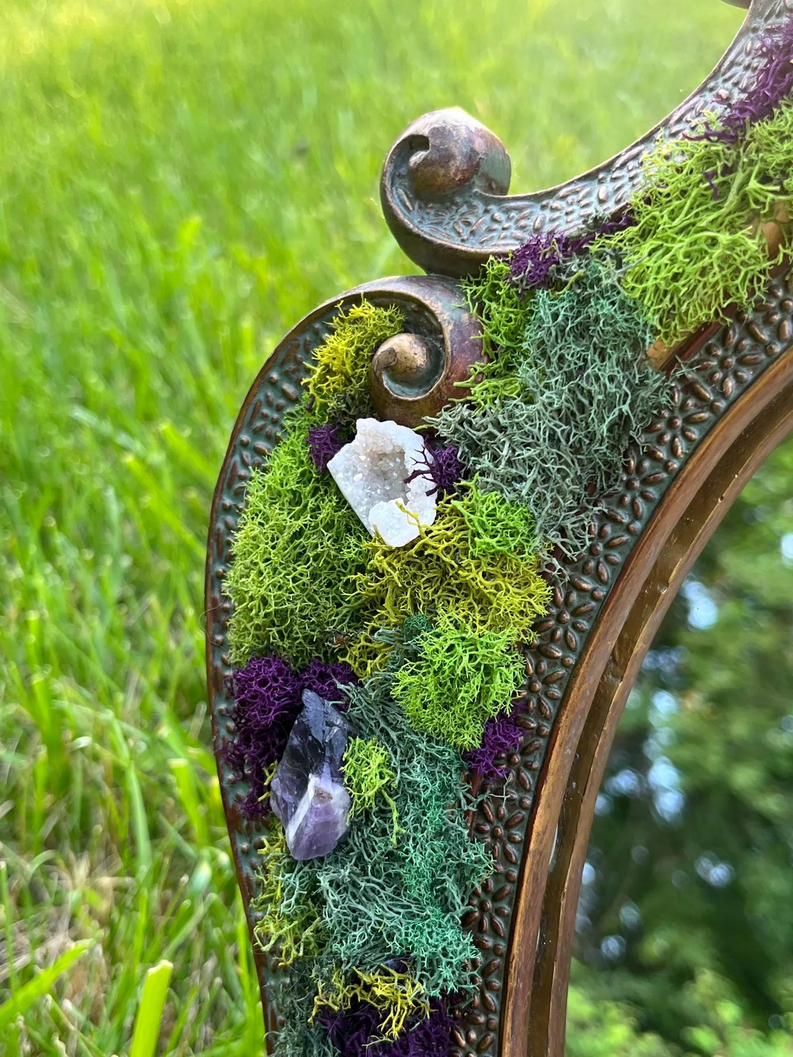 Fairycore Mossy Mirror with Crystals and Shells – Enchanted Home Accent